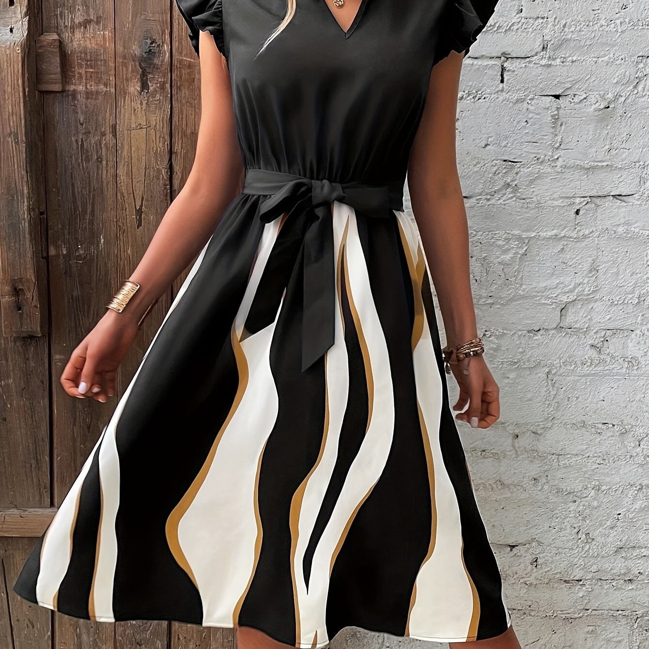 

Striped V Neck Dress, Elegant Flutter Sleeve Belted A-line Dress For Spring & Summer, Women's Clothing