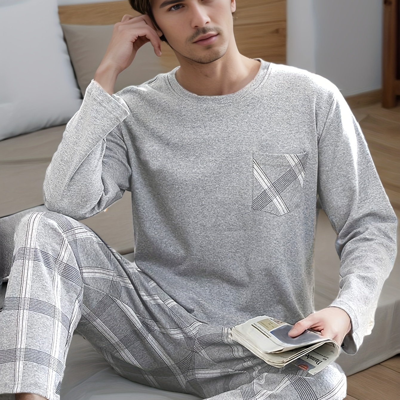 

Ensemble Pyjama Décontracté pour Homme - Manches Longues & Pantalon, Mélange de Polyester Confortable, Lavable en Machine, Tenue de Détente à Carreaux Élégante pour /Automne