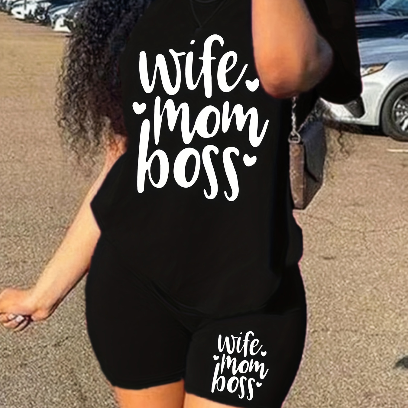 

Wife Mom Boss Print 2 Piece Set, Short Sleeve T-shirt & Biker Shorts, Casual 2pcs Outfit For Summer & Spring, Women's Clothing