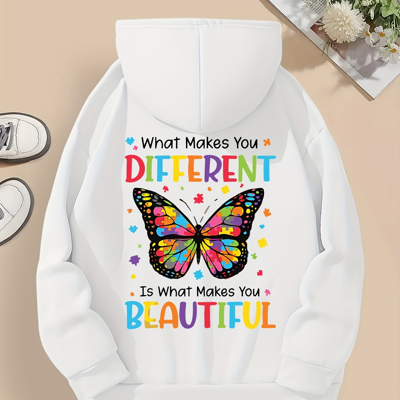 

Casual Alphabet Butterfly Graphic Hoodie, 100% Polyester Knit Fabric, Long Sleeve Pullover With Pocket, Inspirational Quote Hooded Sweatshirt For Fall/winter