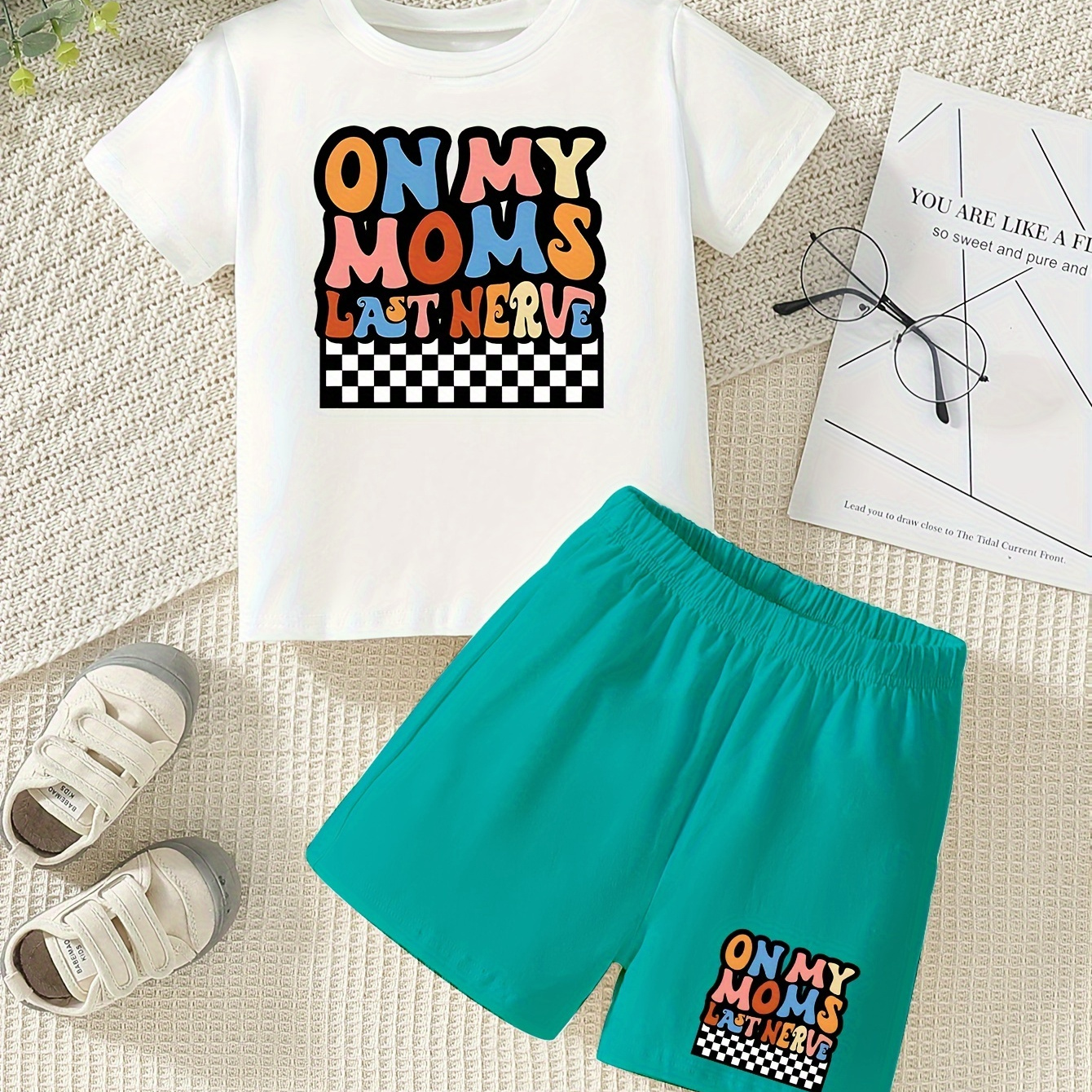 

Om My Mom's Last Nerve Pattern Cotton Short Sleeve T-shirt & Elastic Waist Shorts Set, 2pcs Boy's Comfy Summer Spring Outfit