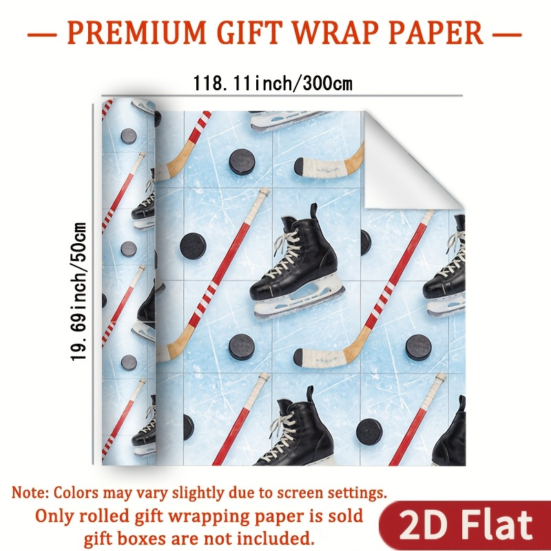 TEMU 1 Roll 2d Flat Ice Skating Sports Illustration Wrapping Paper Gift Glossy Packaging Paper - Light Flat Ice Ball Ice Hockey Stick Ice Skates