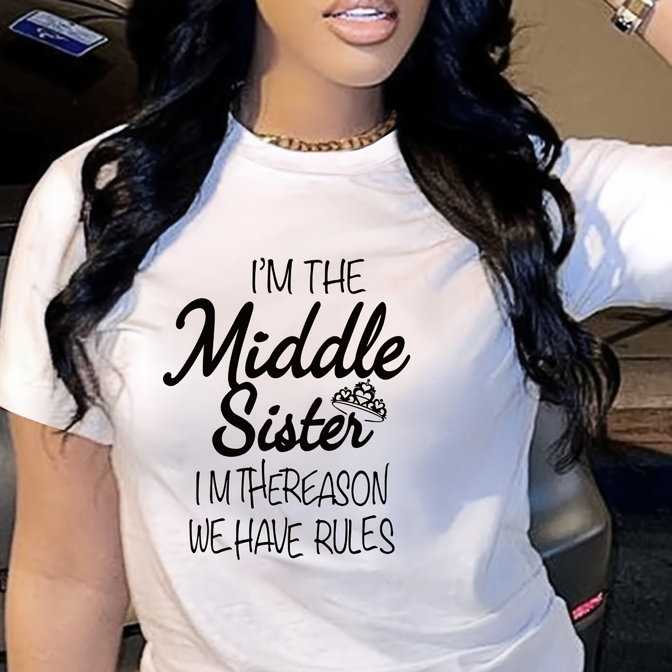 

Middle Sister Letter Print T-shirt, Casual Crew Neck Short Sleeve Top For Spring & Summer, Women's Clothing
