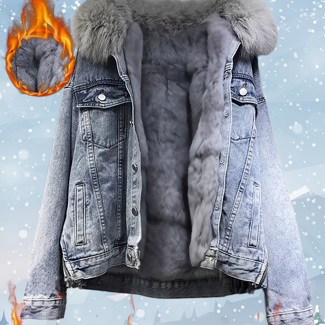 

Veste en Denim Doublée en Confortable avec Col en Fourrure Détachable - Manteau d'Hiver Épais et Chaud pour Femme