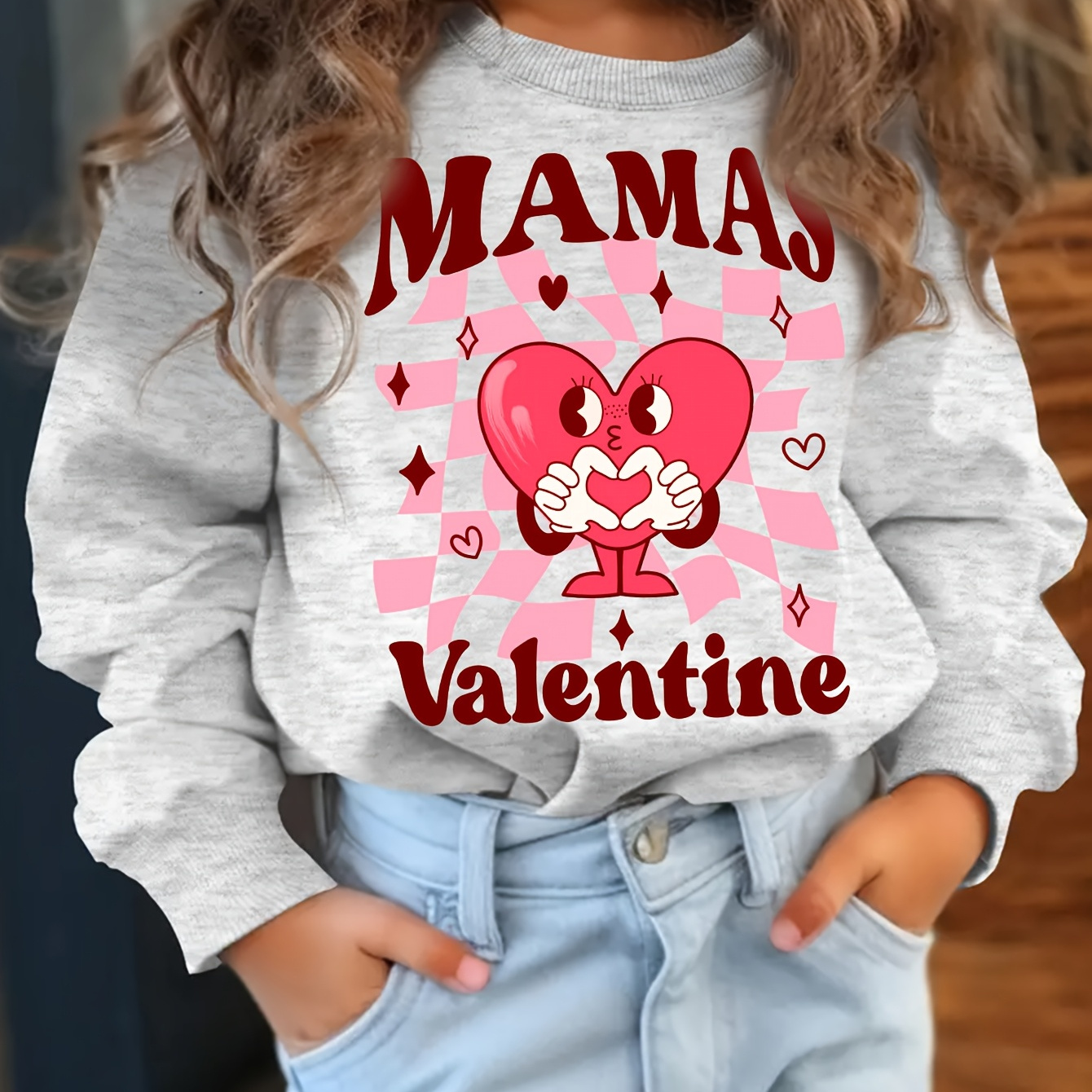 

1pc Chicfull Mama's Gesture Print Sweatshirt For Girls, Casual Crew Neck Long Sleeve, Polyester Knit Fabric, Regular Fit, Slight Stretch, Alphabet Pattern, Spring/fall Fashion