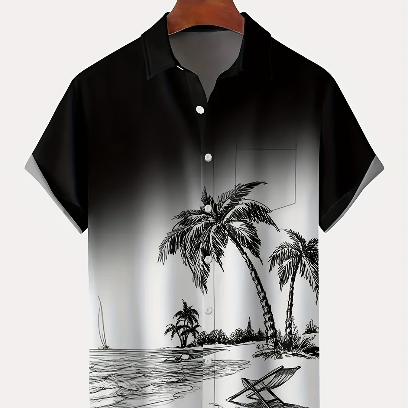 Men's Resort Casual Style Button Pocket Shirt With Gradient Hawaiian Coconut Tree Pattern, Thin Cool Tee Top For Vacation, Plus Size Men Clothing