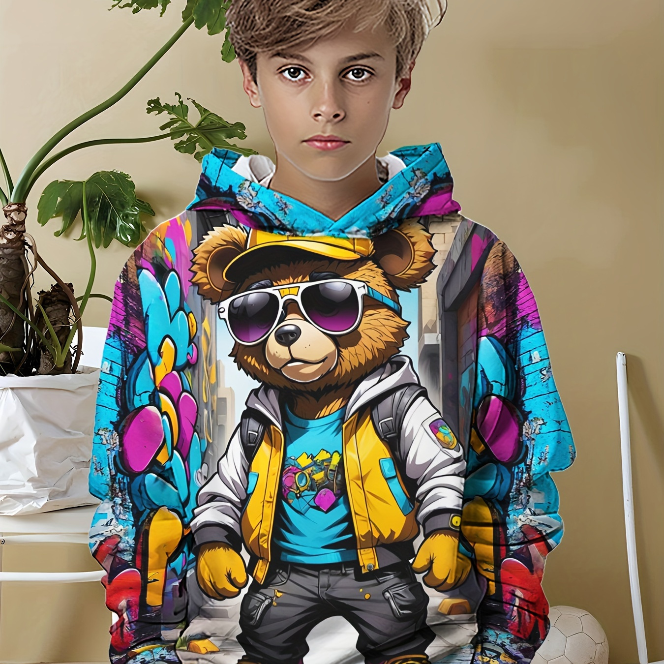 

Cartoon Bear Print Hoodie For Boys, Casual And Comfortable, Random Color, Suitable For Outdoor Wear, Ages 12 And Below