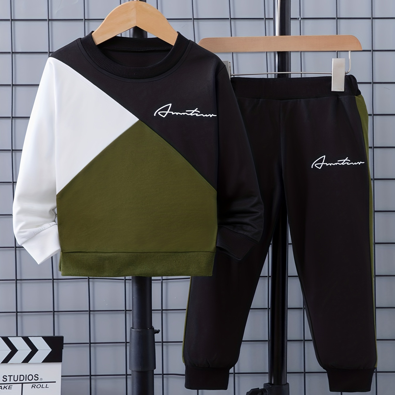 

Boy's Letter Print 2pcs, Color Block Sweatshirt & Sweatpants Set, Casual Outfits, Kids Clothes For Spring Fall