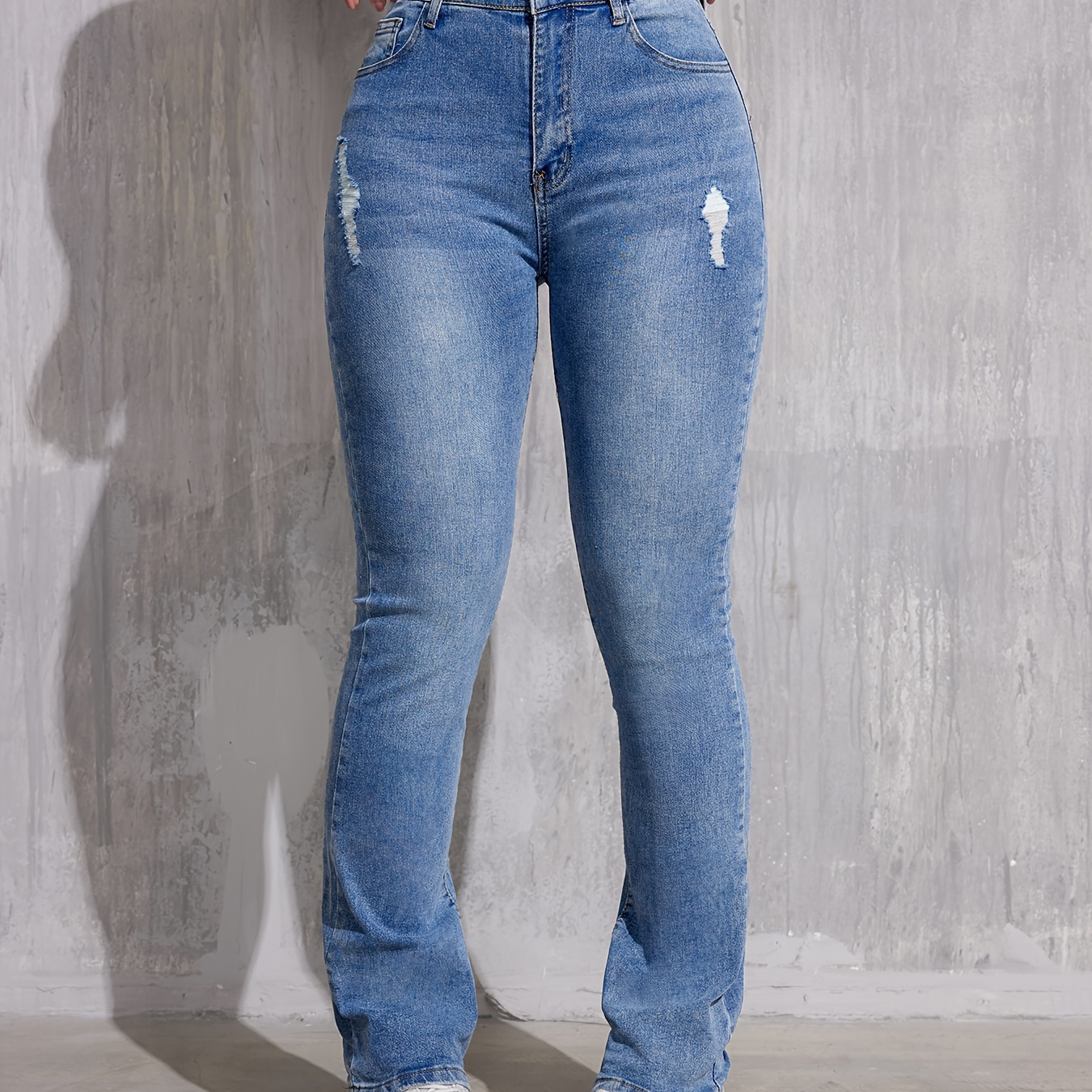 

Plain Ripped Holes Bootcut Jeans, High-stretch Slant Pockets Slim Fit Denim Pants, Women's Denim Jeans & Clothing