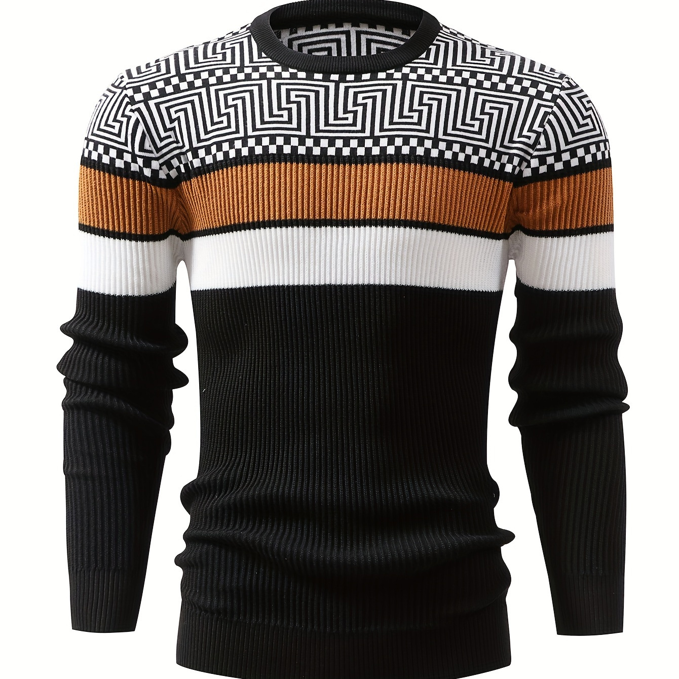 

Men's Geometric Pattern Crew Neck Pullover Sweater - Casual Polyester Rib-knit Fabric With High Stretch, Regular Fit Long Sleeve Knitwear For Fall/winter