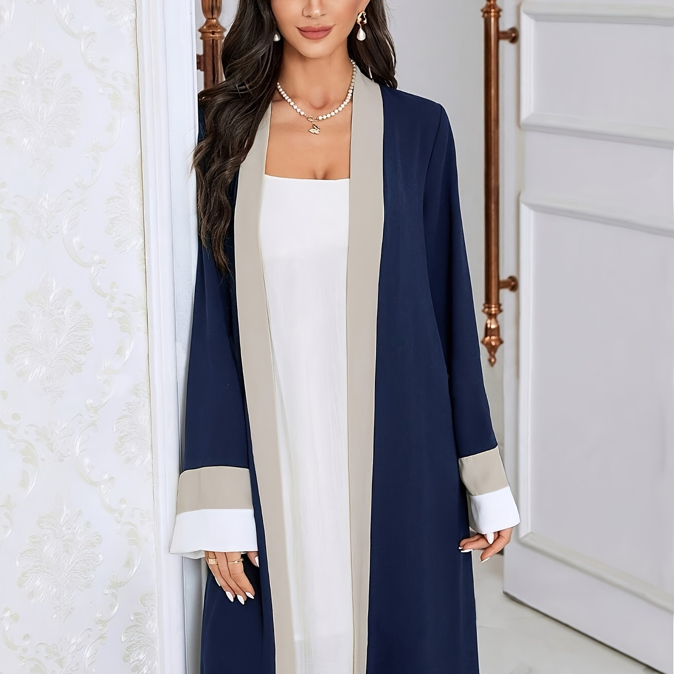 

Contrast Trim Open Front Cover Up Kaftan, Elegant Long Sleeve Maxi Length Robe, Women's Clothing