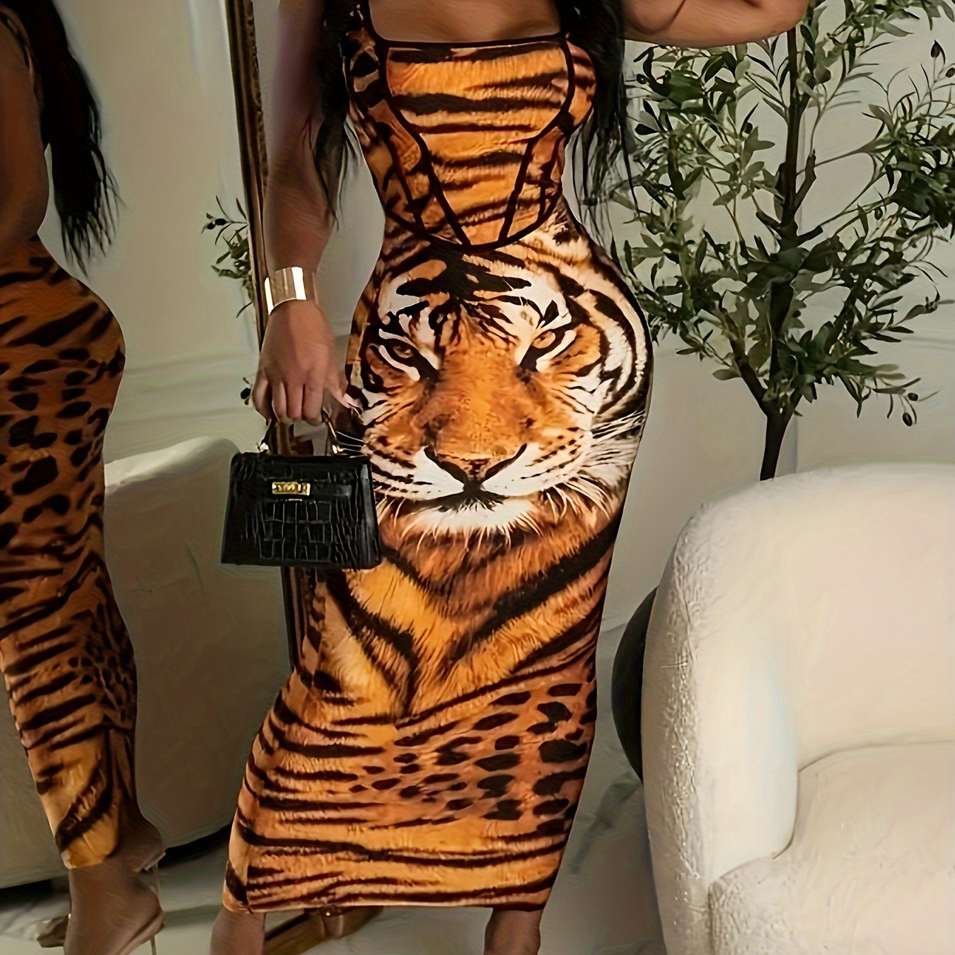 

Tiger Print Cami Dress, Casual Sleeveless Bodycon Dress For Spring & Summer, Women's Clothing