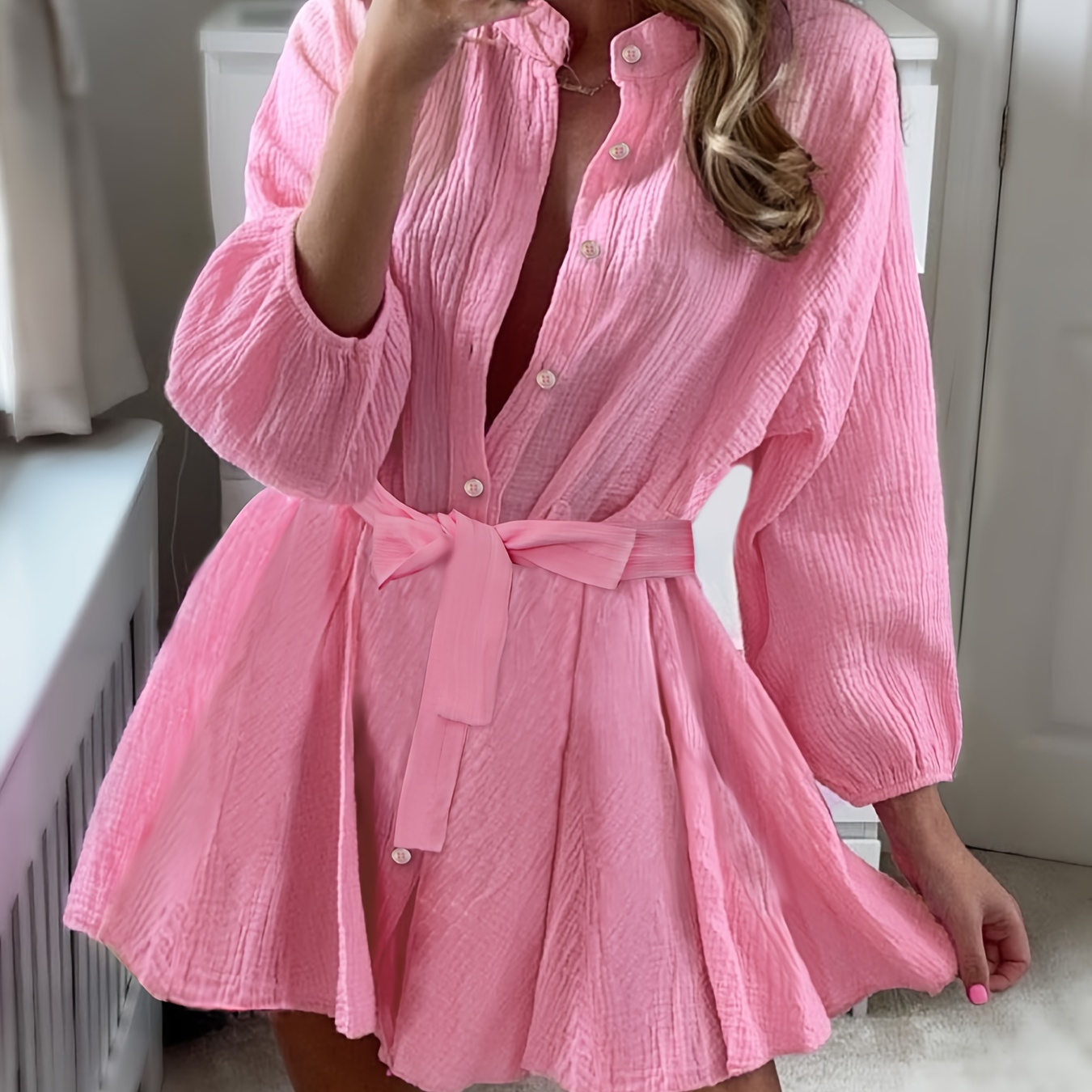 

Texture Button Front Tie Waist Dress, Casual Long Sleeve Dress For Spring & Summer, Women's Clothing