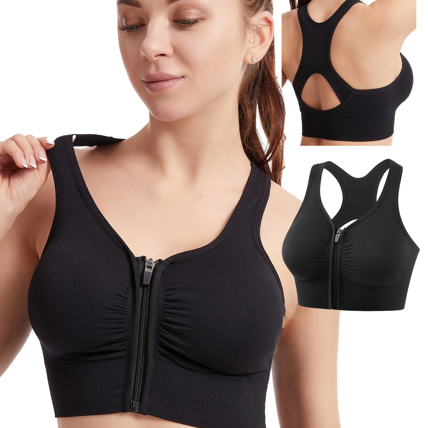 Plus Size Women's Sports Tank Bra, Front Zipper Shockproof High Support  Yoga Running Fitness Bralette, Women's Lingerie & Underwear