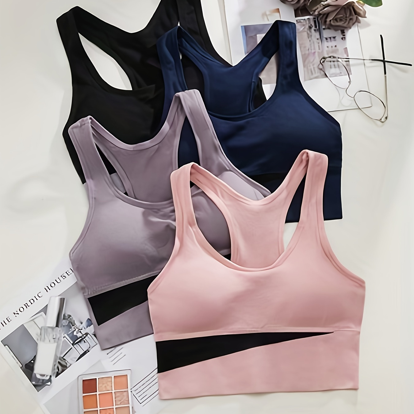 

4-pack Color Block Everyday Sports Bras, Women's Comfortable Athletic Wear, Breathable And Stretchy Crop Tops, Gym Undergarments