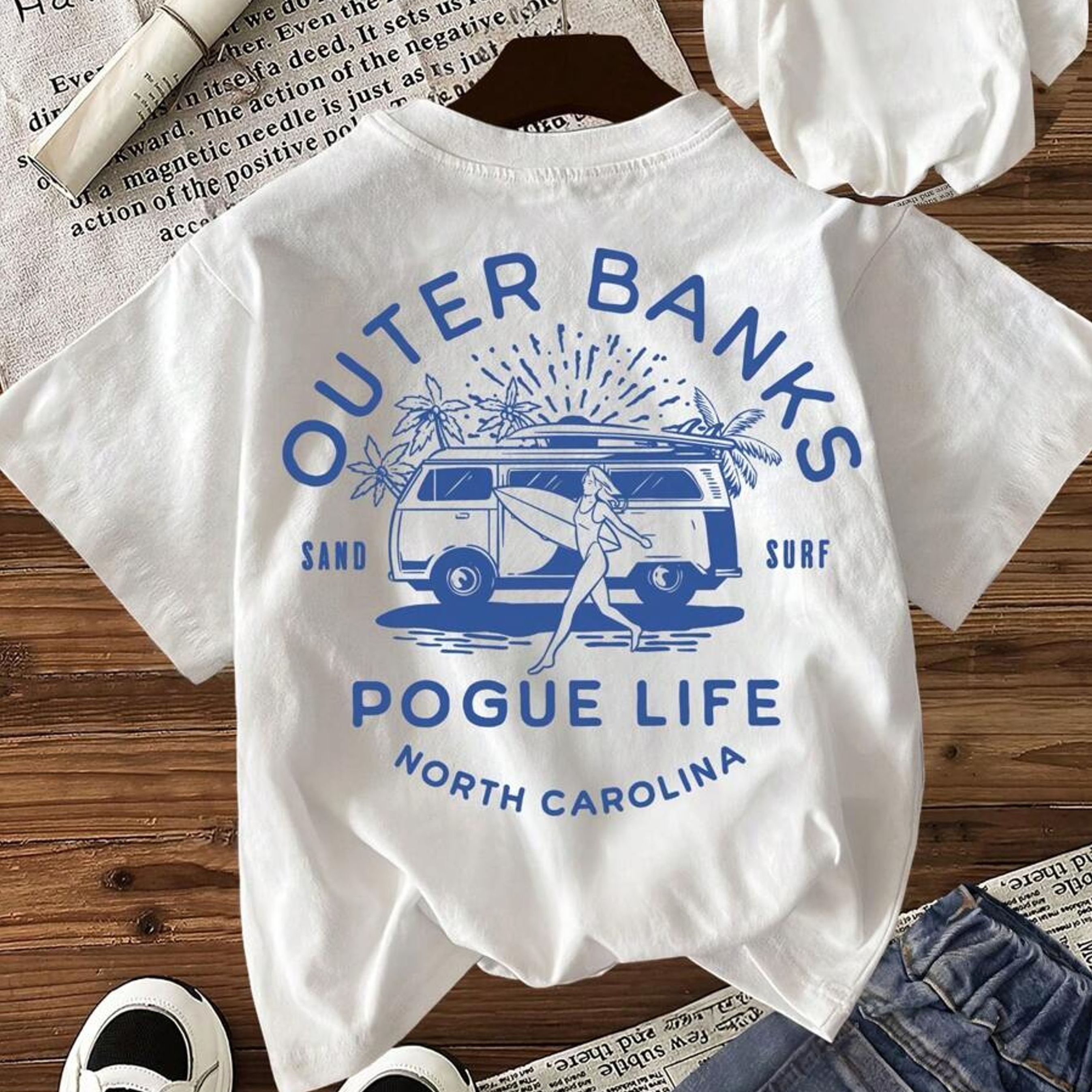 Women's Casual Short Sleeve T-Shirt with Outer Banks Pogue Life Slogan & Surf Graphic Print - Breathable Round Neck Tee for Beach Outings, Summer Vacations, and Casual Attire