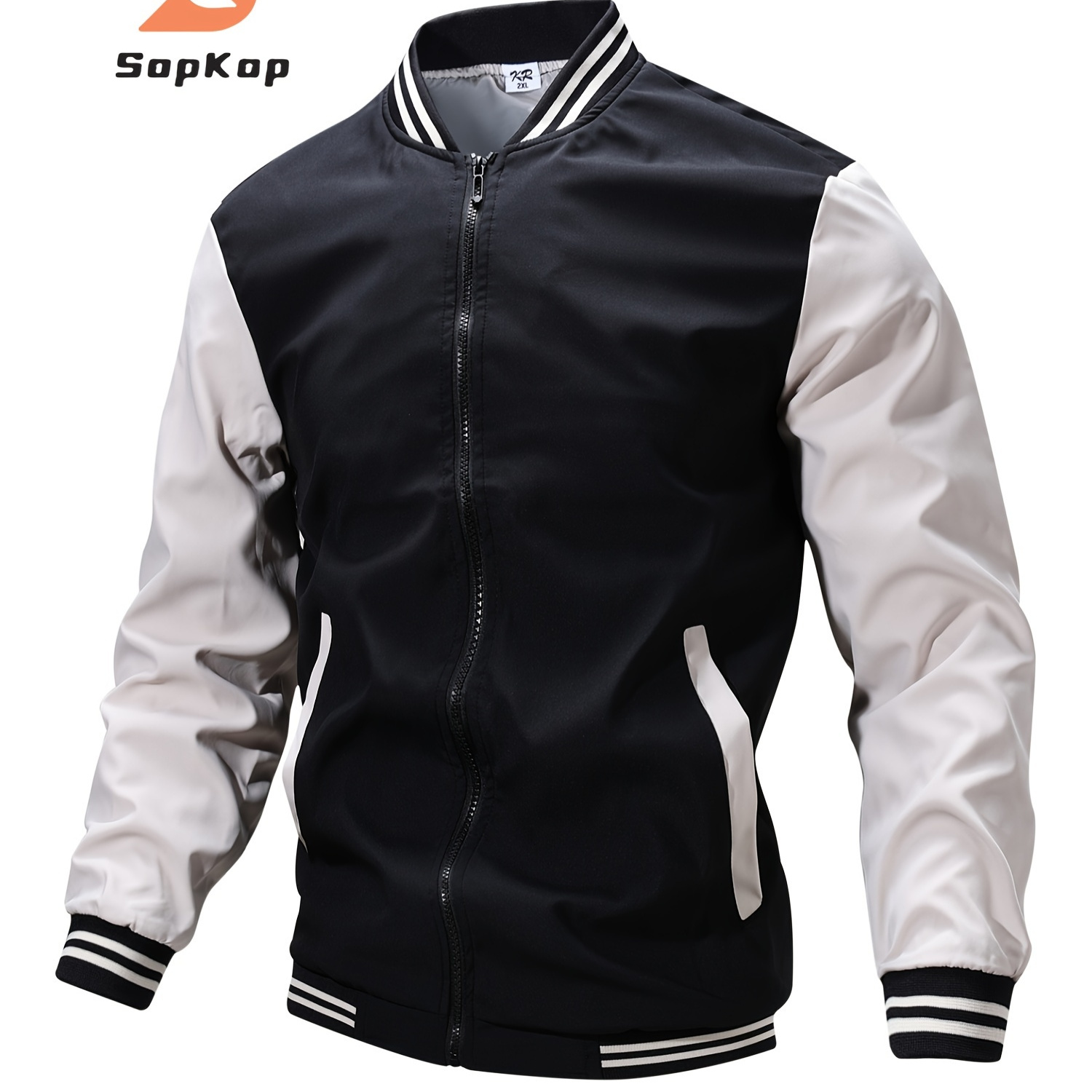 

Men's Color Matching Striped Baseball Jacket With Pockets, Casual Baseball Collar Zip Up Long Sleeve Varsity Jacket For Outdoor