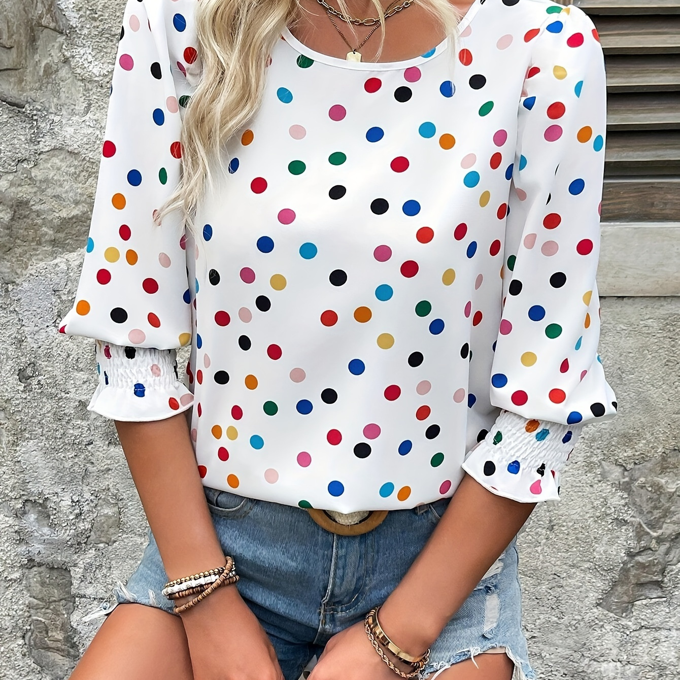 

Polka-dot Print Crew Neck Blouse, Casual 3/4 Shirred Sleeve Top For Spring & Summer, Women's Clothing