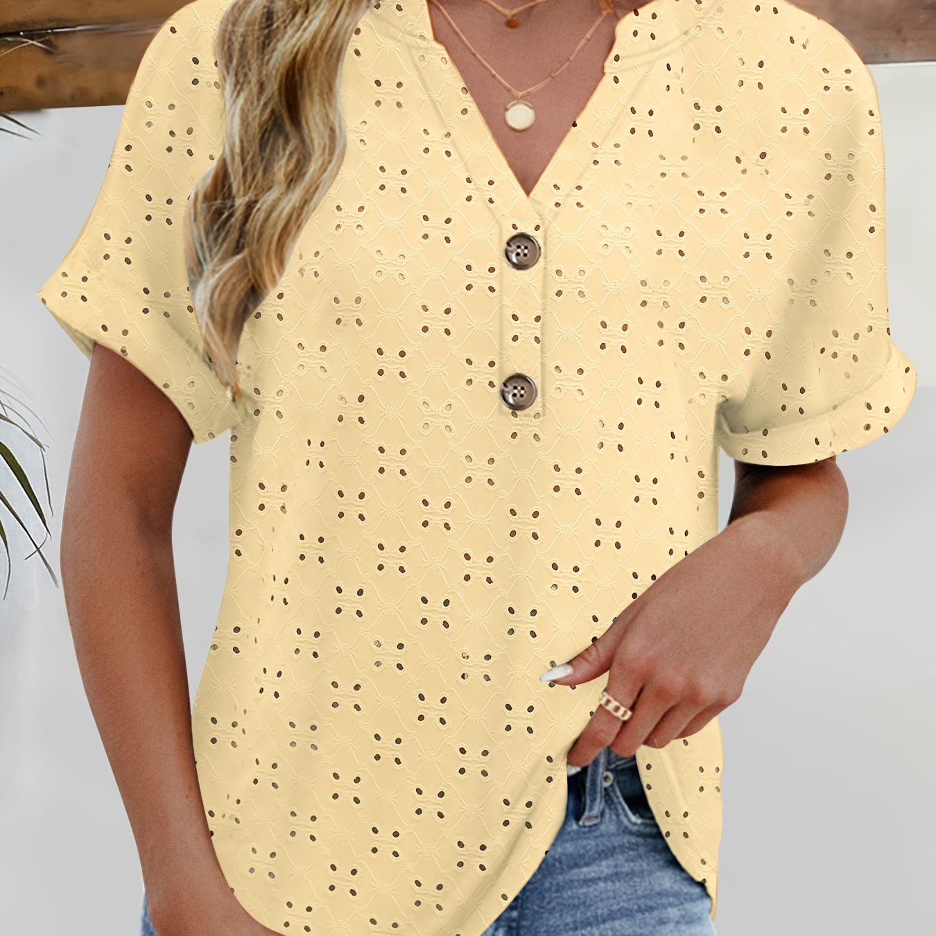 

Button Front Notch Neck Pullover Top, Casual Short Sleeve Eyelet T-shirt For Spring & Summer, Women's Clothing