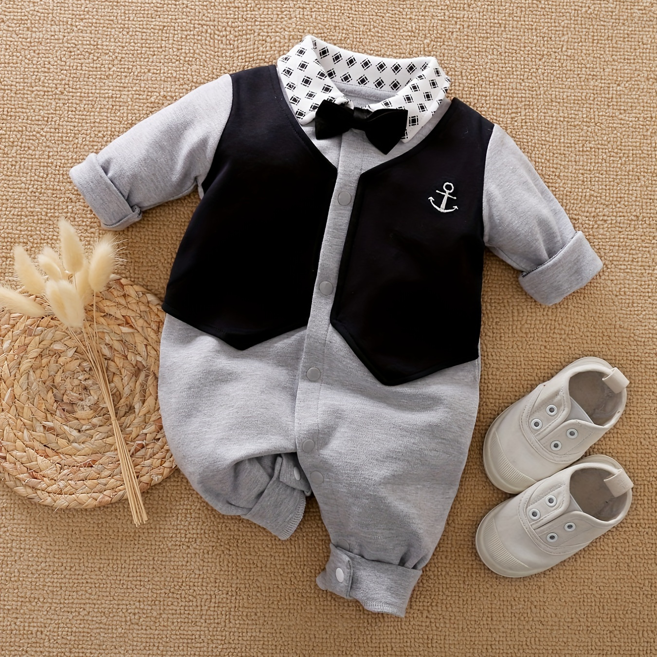 

Stylish Plaid Gentleman Bow Tie Waistcoat Long Sleeve Baby Bodysuit For Your Handsome Boy!