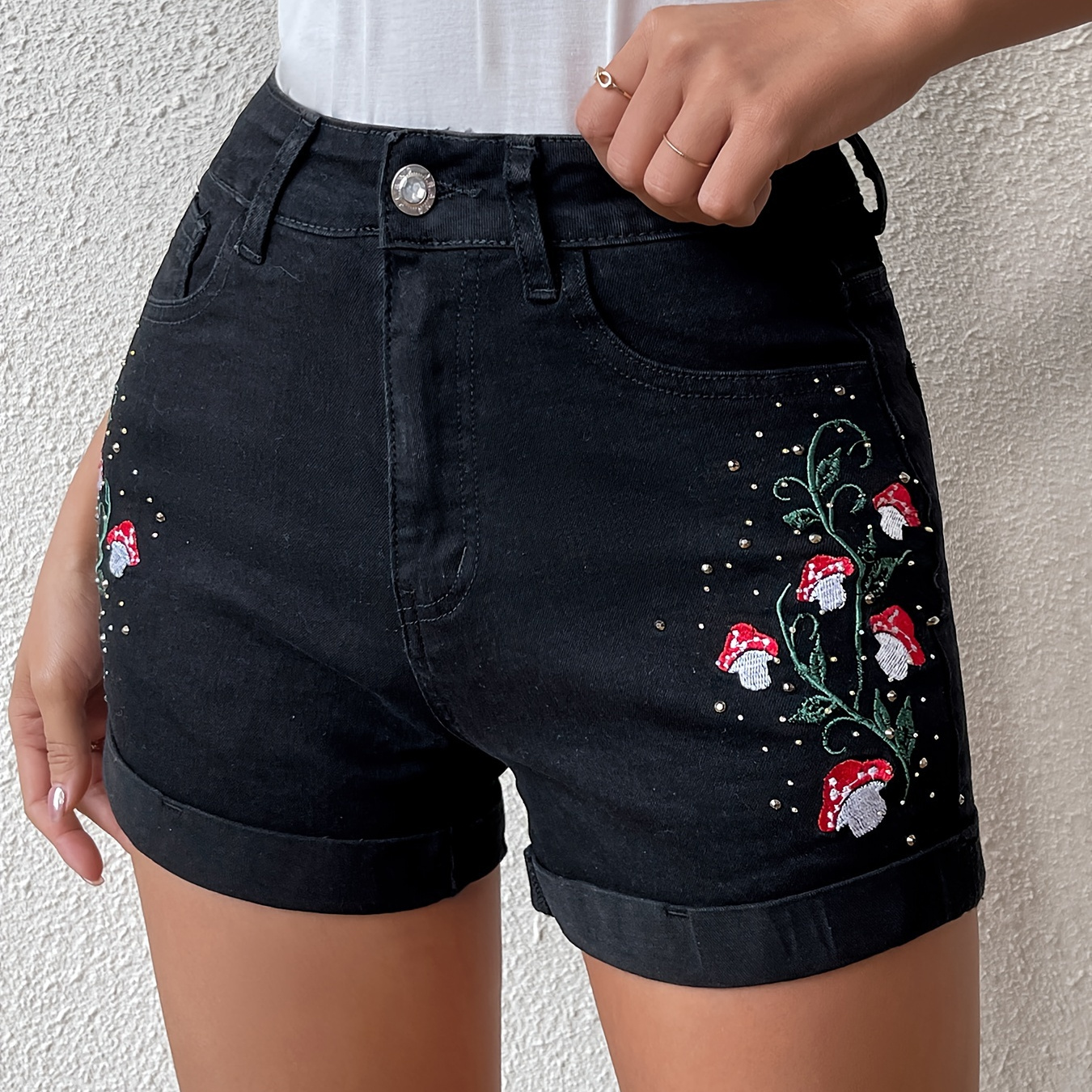 

Mushroom Plant Embroidery Cute Denim Shorts, Roll Up Hem Slash Pocket Denim Shorts, Women's Denim Jeans & Clothing