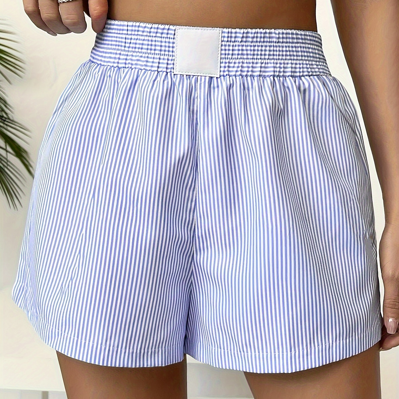 

Stripe Print High Waist Loose Shorts, Casual Elastic Waist Shorts For Spring & Summer, Women's Clothing