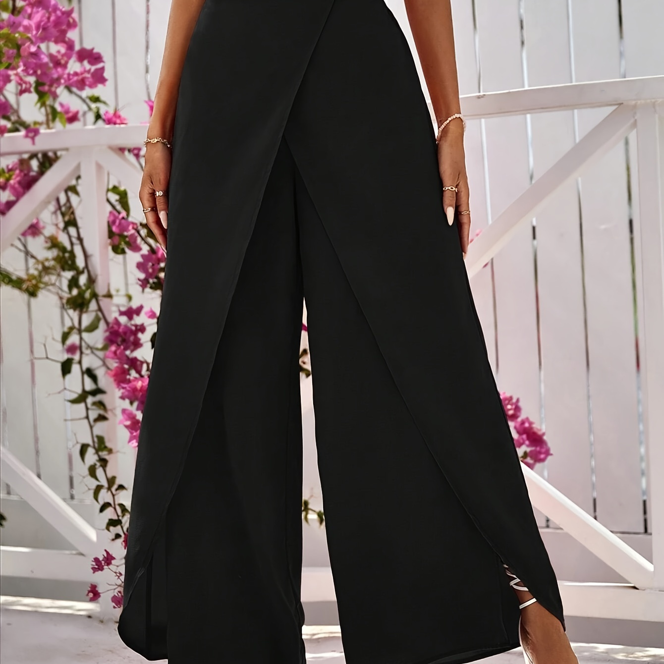 

Solid Color Wrap Hem Wide Leg Pants, Elegant High Waist Versatile Commuter Wear Pants For Spring & Summer, Women's Clothing