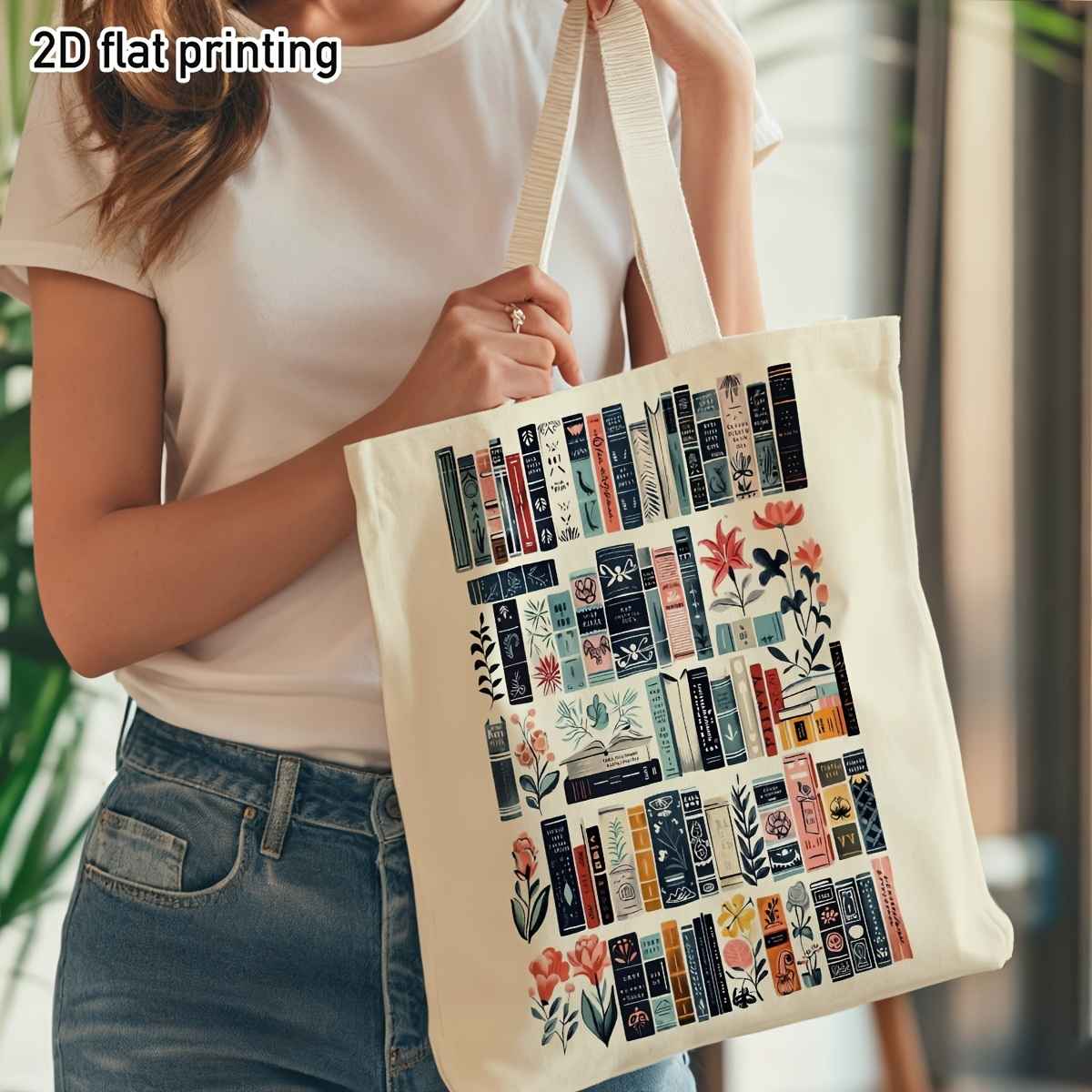 TEMU 2d Flat 1pc Whimsical Bookish Floral Tote Bag, Duplex Prints Colorful Books And Flowers, Ideal For Bookstore Trips, Library , Coffee Shop , For