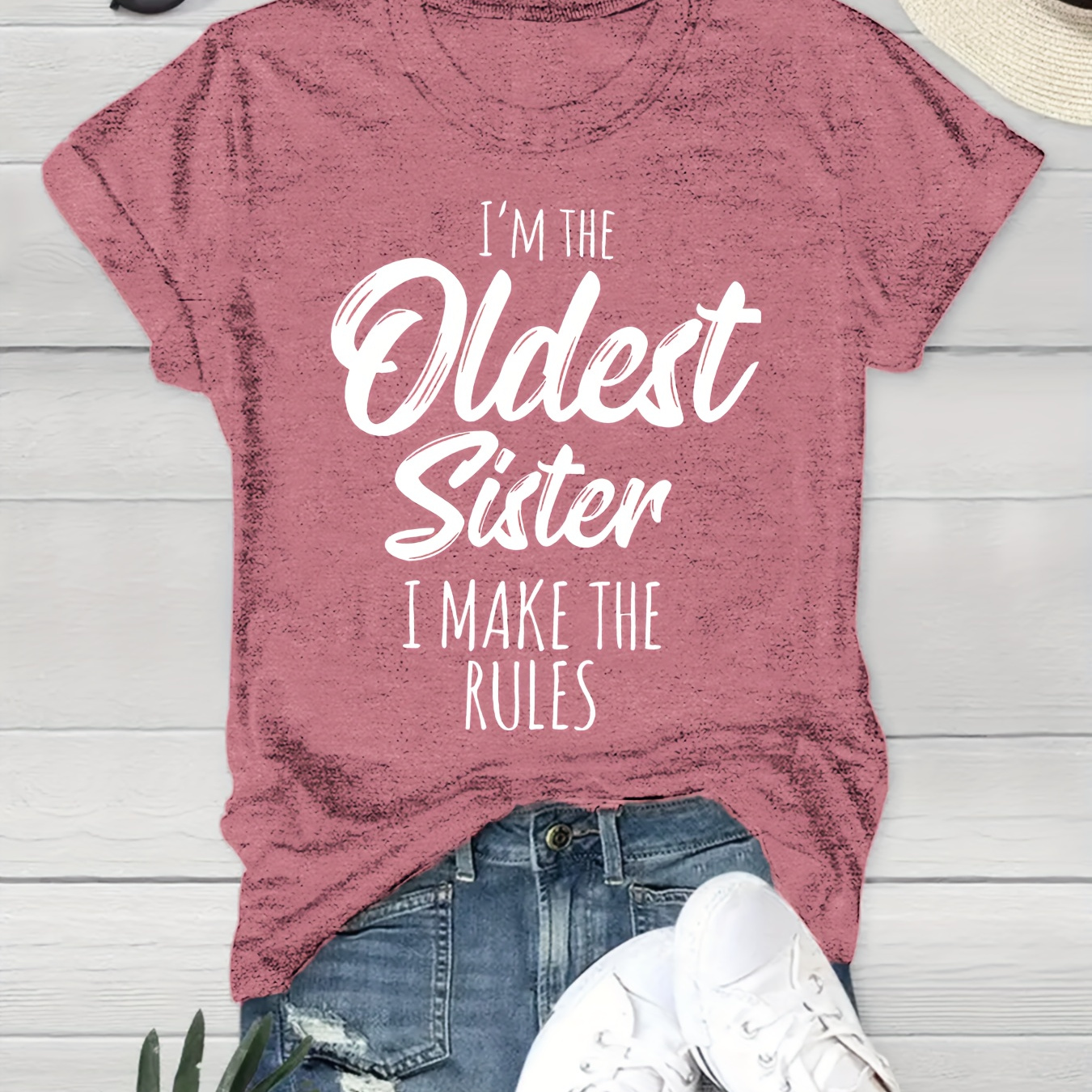 

Oldest Sister Letter Print T-shirt, Short Sleeve Crew Neck Casual Top For Summer & Spring, Women's Clothing