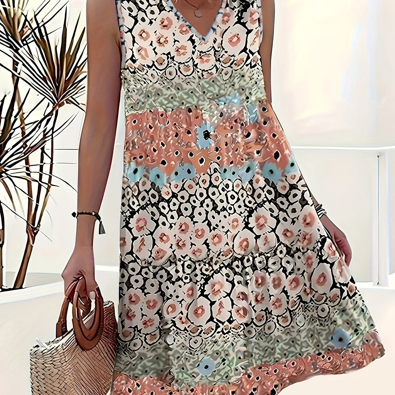 

Plus Size Floral Print Tank Dress, Vacation Style Sleeveless V Neck Dress For Spring & Summer, Women's Plus Size Clothing