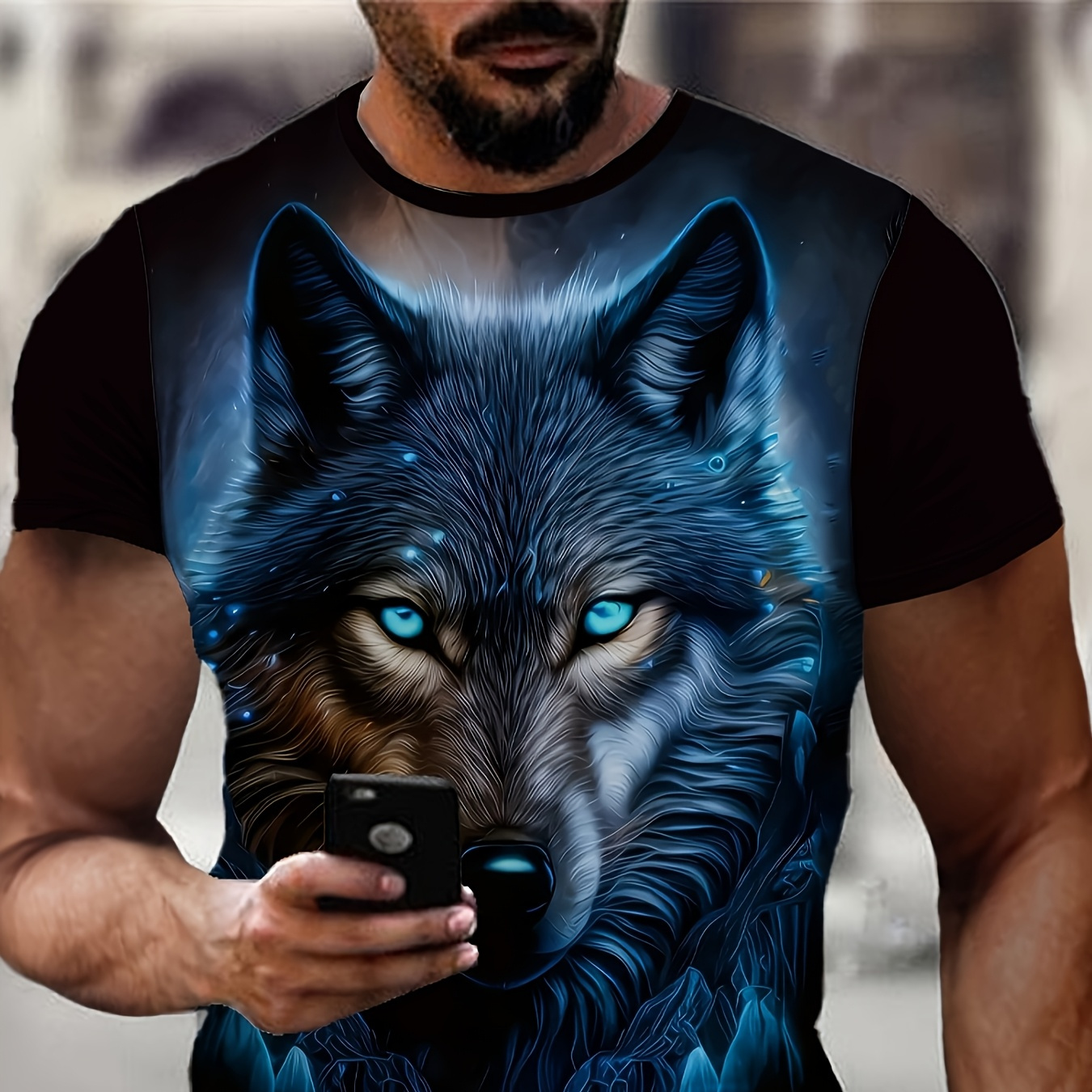 

) Men's 3d Wolf Print T-shirt - Stylish Black Casual Short Sleeve Summer Tee With Vibrant & Fur Texture, Outdoor Sports & Fitness