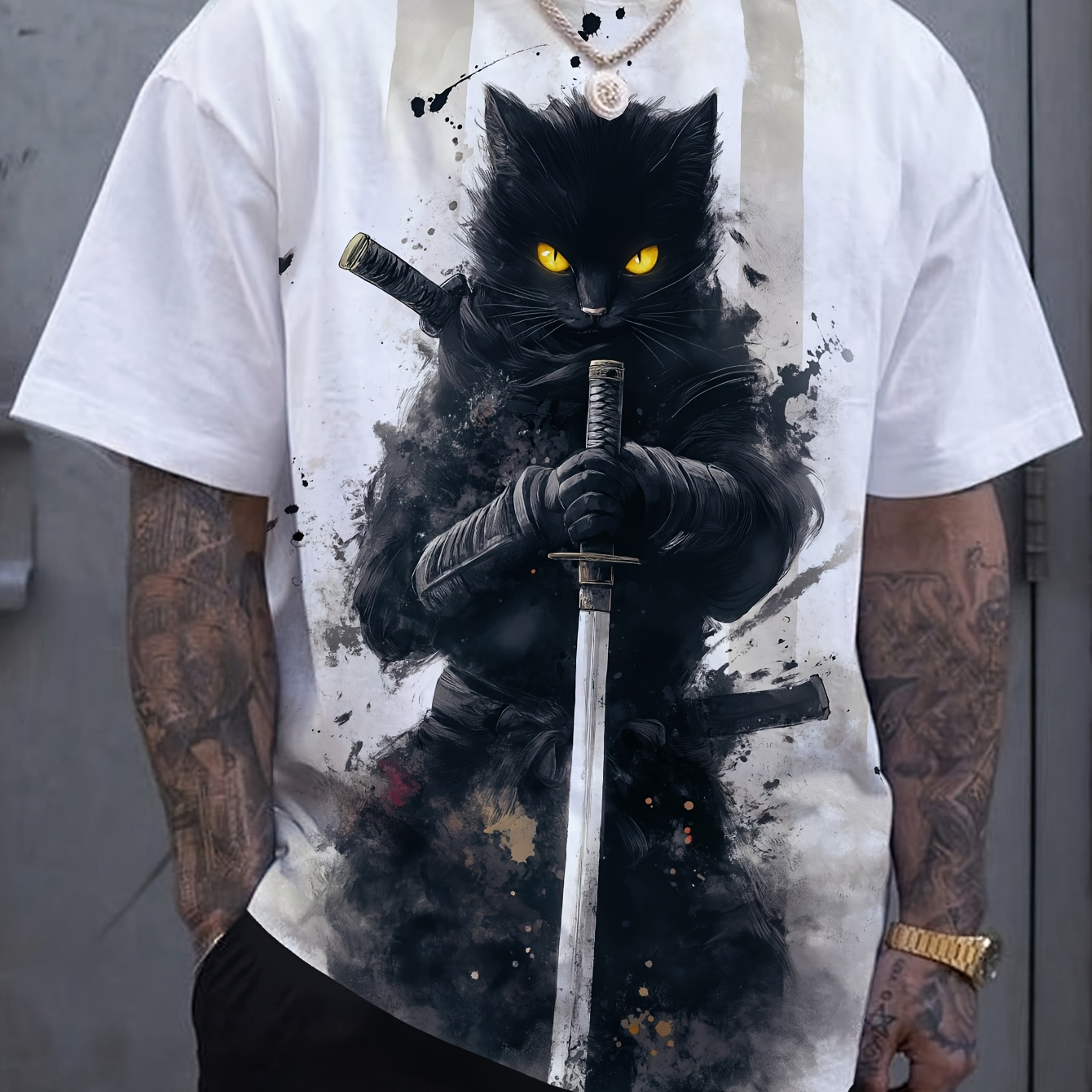 

1pc Men' Cat Print T-shirt - Casual Crew Neck, Polyester Knit Fabric With Stretch, Summer Fashion Top With Visual Effect