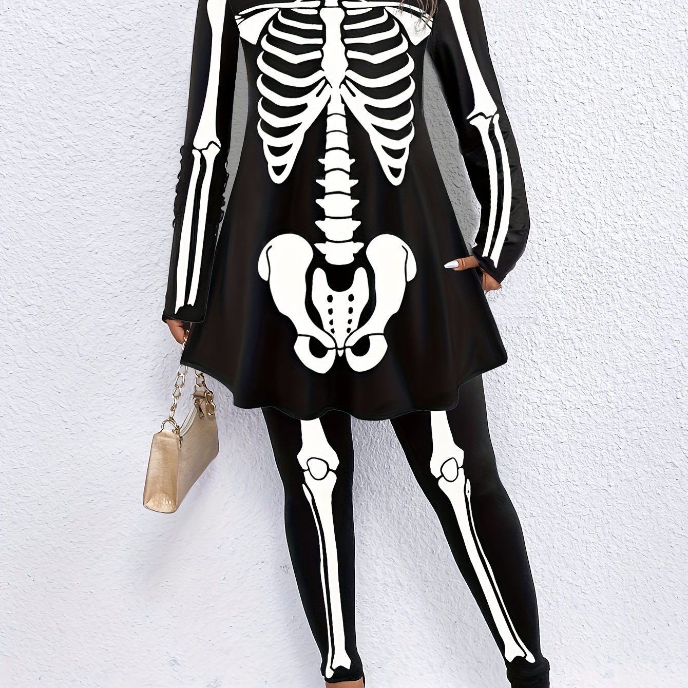 

Plus Size Halloween Gothic Outfits Set, Women's Plus Skeleton Print Long Sleeve Round Neck Top & Leggings Outfits 2 Piece Set