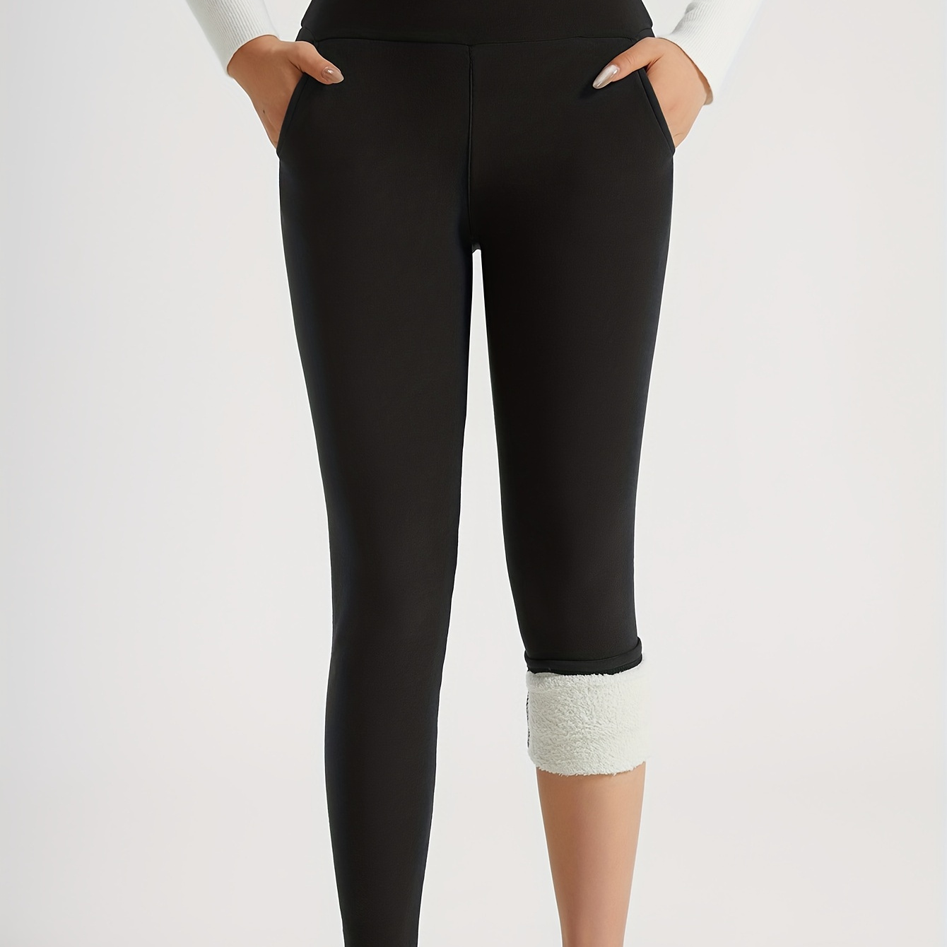 

Women's High-waist Plush-lined Pocket Leggings, Thermal , For Autumn/winter, Soft Knitted Fabric, Solid Color