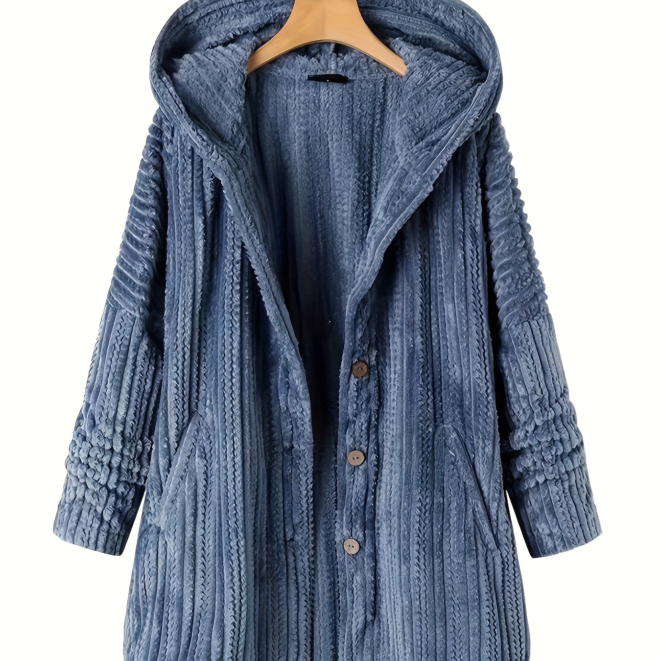 

Plus Size Casual Coat, Women's Plus Solid Button Up Long Sleeve Hooded Coat With Pockets