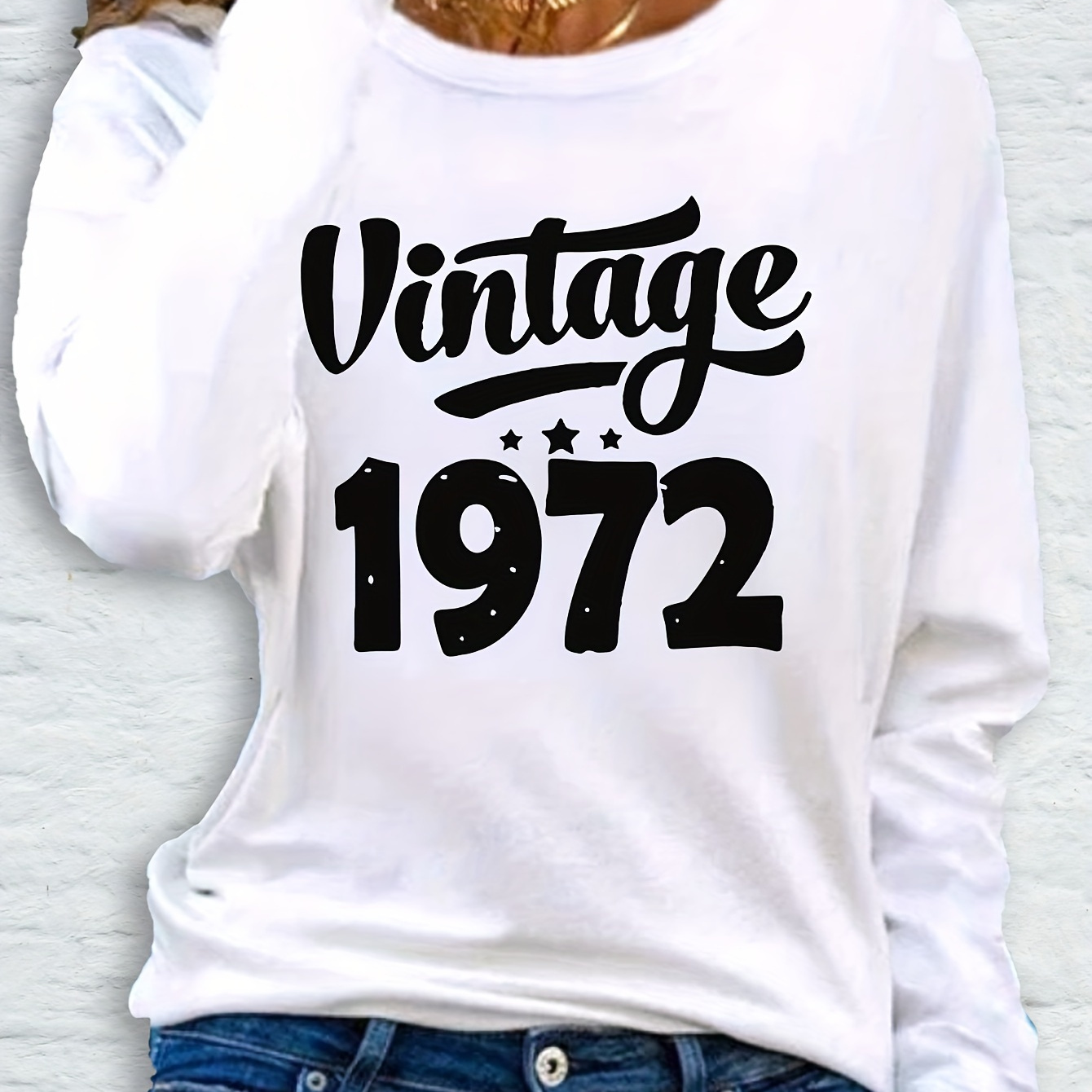 

Women's Casual Long Sleeve T-shirt With Vintage 1972 Graphic - Crew Neck, Soft Polyester Blend, Machine Washable - Perfect For Fall & Spring