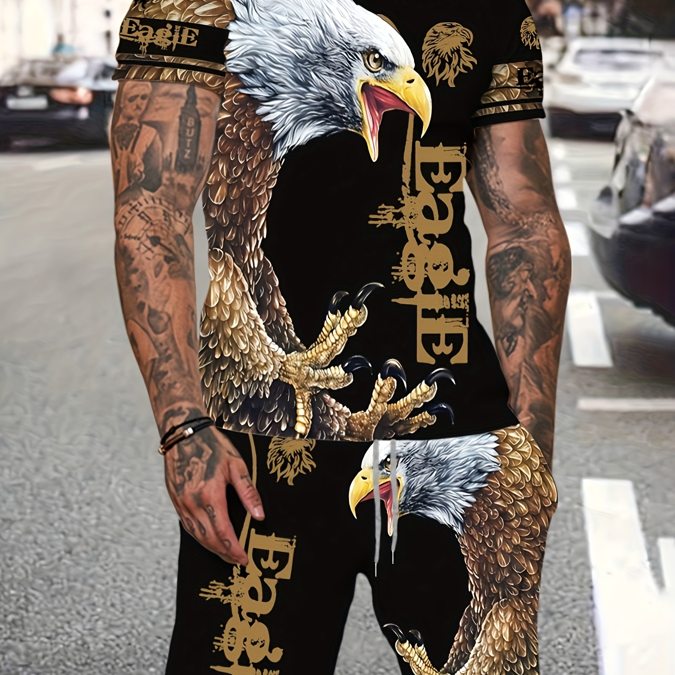 

2pcs Sportswear, Men's Animal Eagle Digital Print Short Sleeve T-shirt Crew Neck & Active Slightly Stretch Shorts For Outdoor