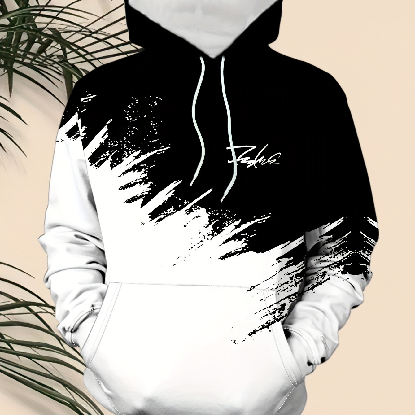 

Men's Casual Fashion Polyester Hoodie With Black And White Abstract Print, 100% Polyester, Knit Fabric, Long Sleeve, Hooded, Regular Length, Stretch, Spring/fall Season - Loose Fit Pullover