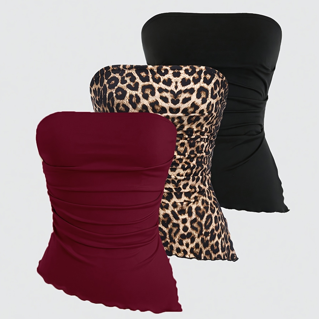 Y60 Elegant Y2K Strapless Crop Top with Leopard Print & Asymmetrical Ruffled Hem - Breathable Stretchy Summer Shirt for Parties, Concerts, Dates & Casual Outfits, Concert Clothing, Party Attire, Comfortable Fit, Machine Washable