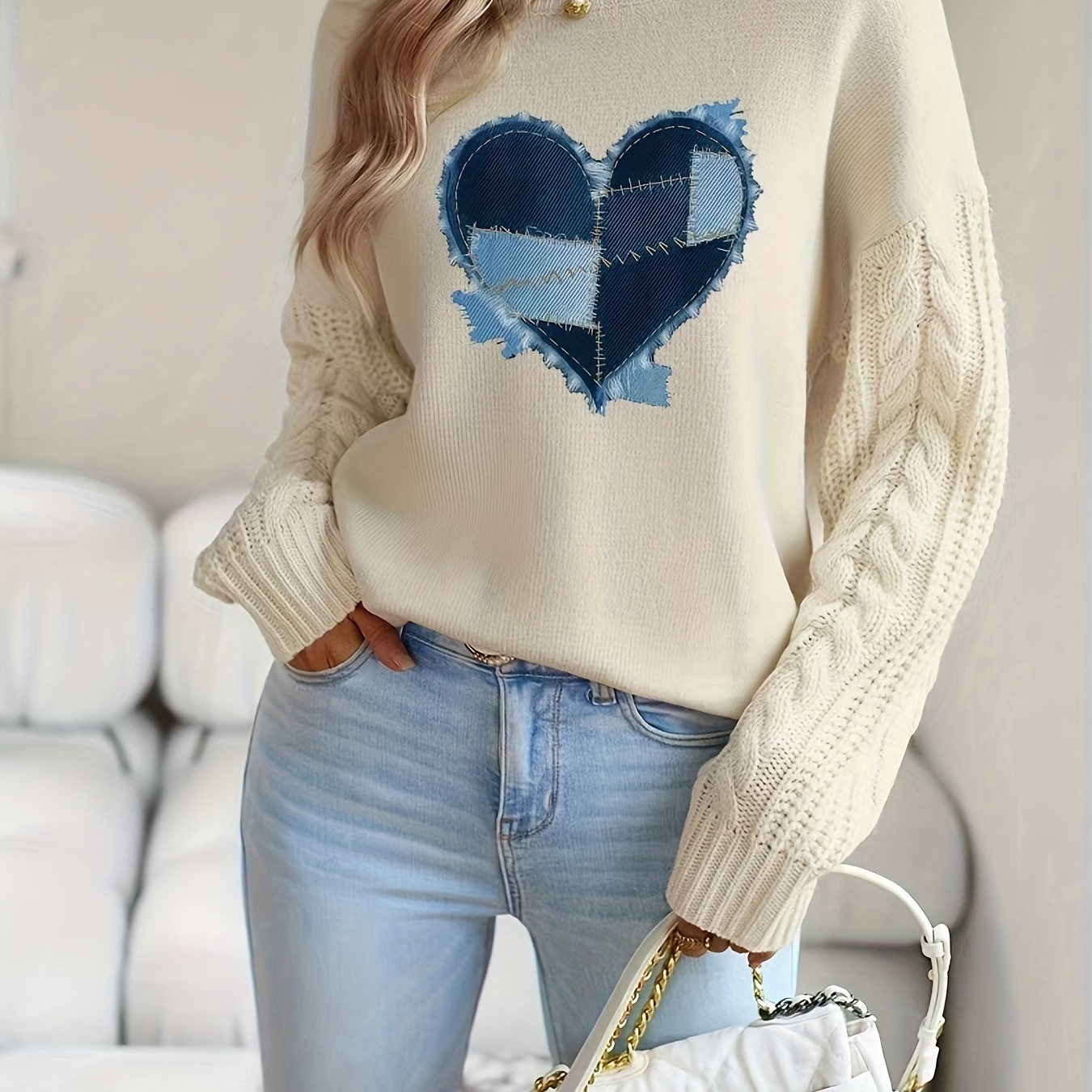 

Women' Knit Sweater, Solid Color Cable Knit Pullover Print, Loose Fit Long Sleeve, Round Neck, Polyester, Autumn/winter,