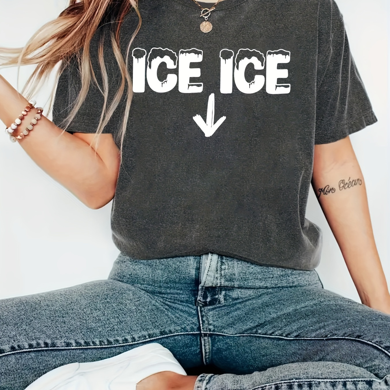 

Casual Crew Neck T-shirt With "ice Ice" Print, 100% Polyester Knit Fabric, Alphabet Pattern, Regular Length Tee For All - Ideal For Pregnancy Announcement And Gift