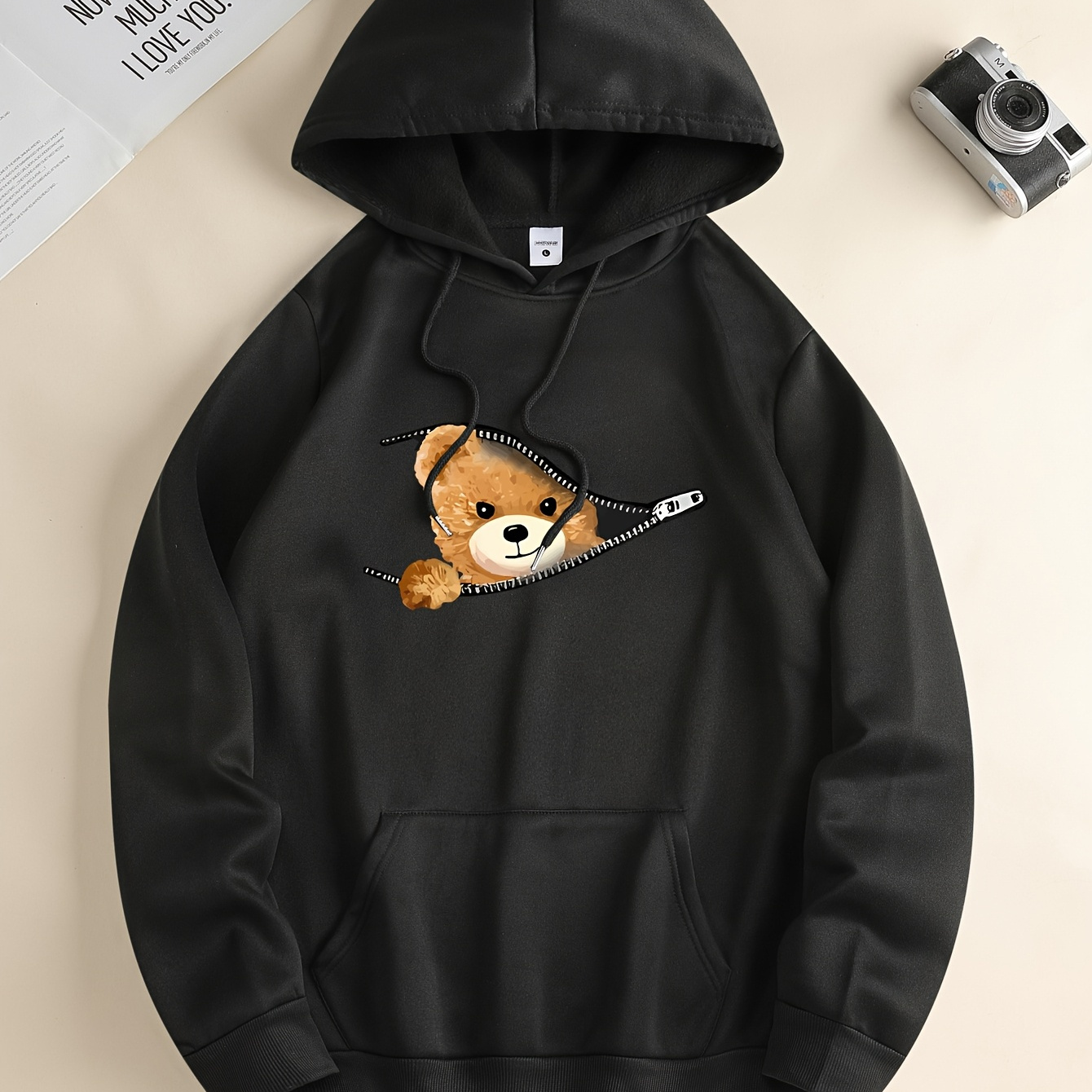 

1pc Men's Casual Hoodie With Cartoon Teddy , Drawstring Hood, Knit Fabric, Regular Fit, Stretch, Polyester Pullover With Kangaroo Pocket