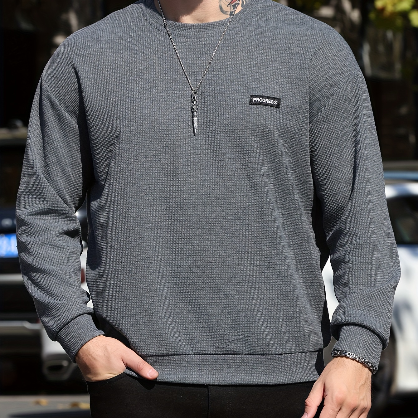 

Men's Progress Print Sweatshirt, Casual Breathable Crew Neck Slim-fit Long Sleeve Top For Outdoor