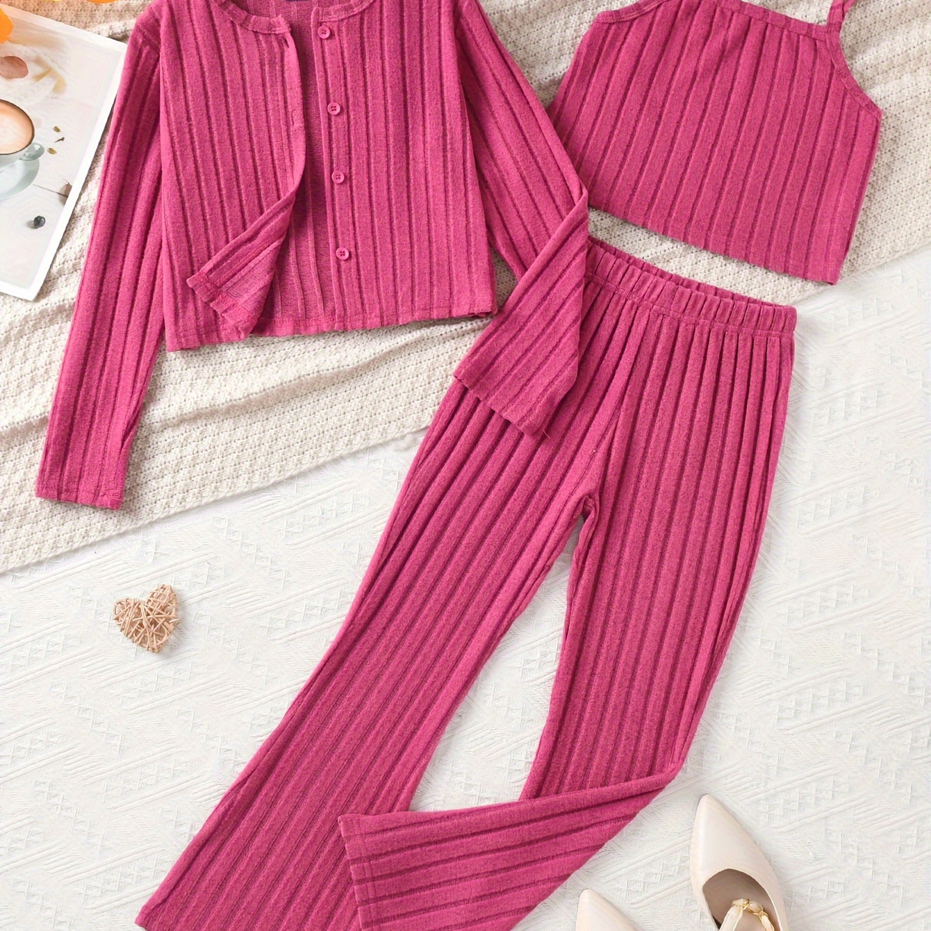 

3pcs Girls Casual Ribbed Cardigan Top + Camisole + Pants Solid Color Girls Fall/ Spring Clothes