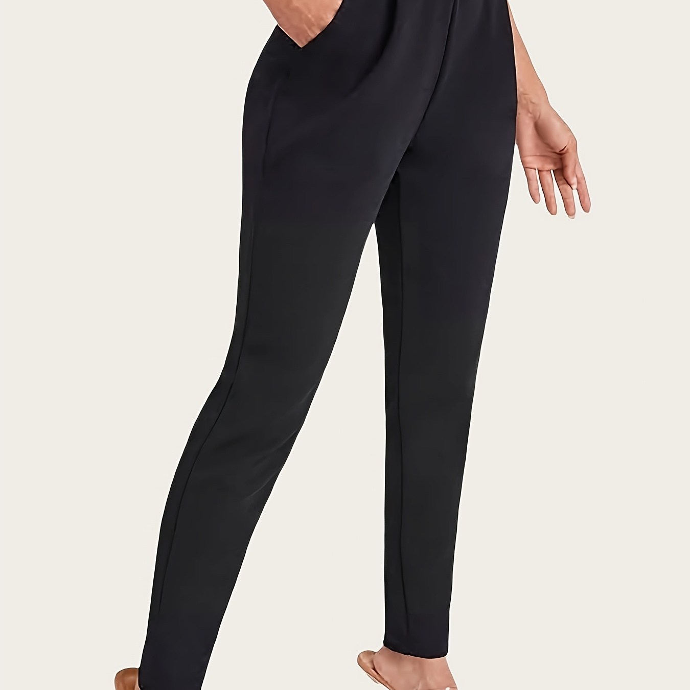 

Women's High-waisted Black Casual Pants - Straight Leg, Polyester, Machine Washable, With Pockets, Cute Pants