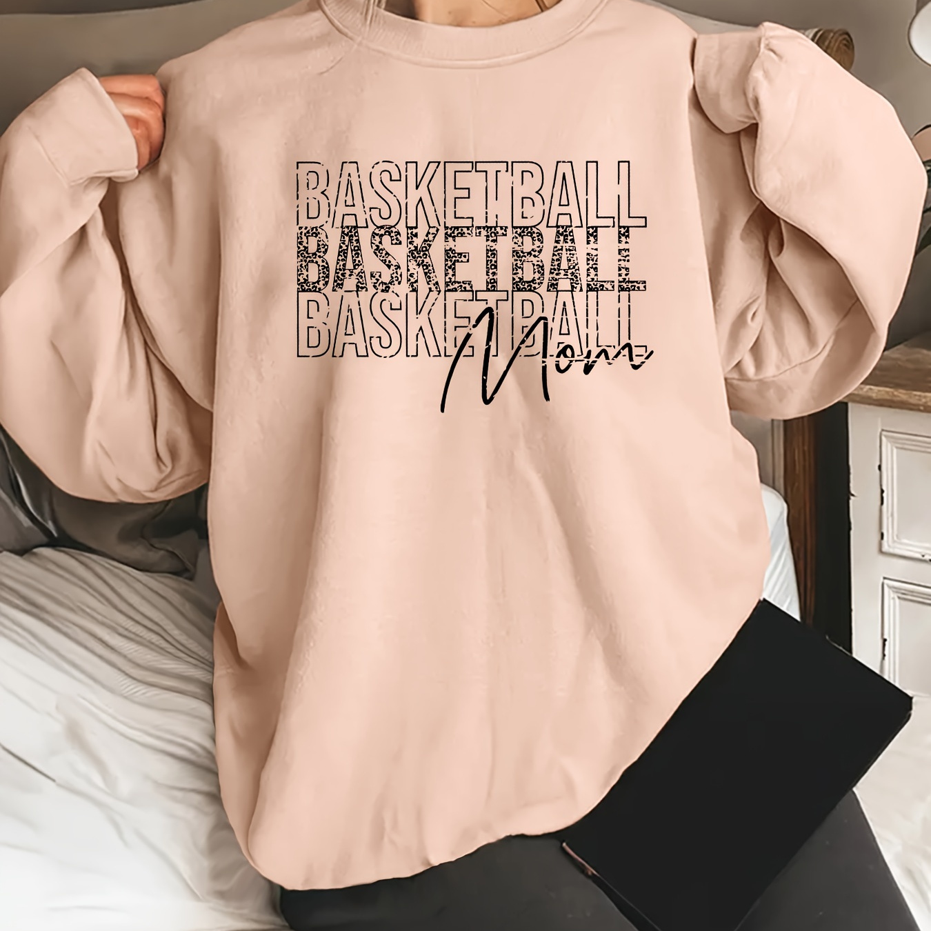 

Basketball Print Pullover Sweatshirt, Casual Long Sleeve Crew Neck Sweatshirt For Fall & Spring, Women's Clothing