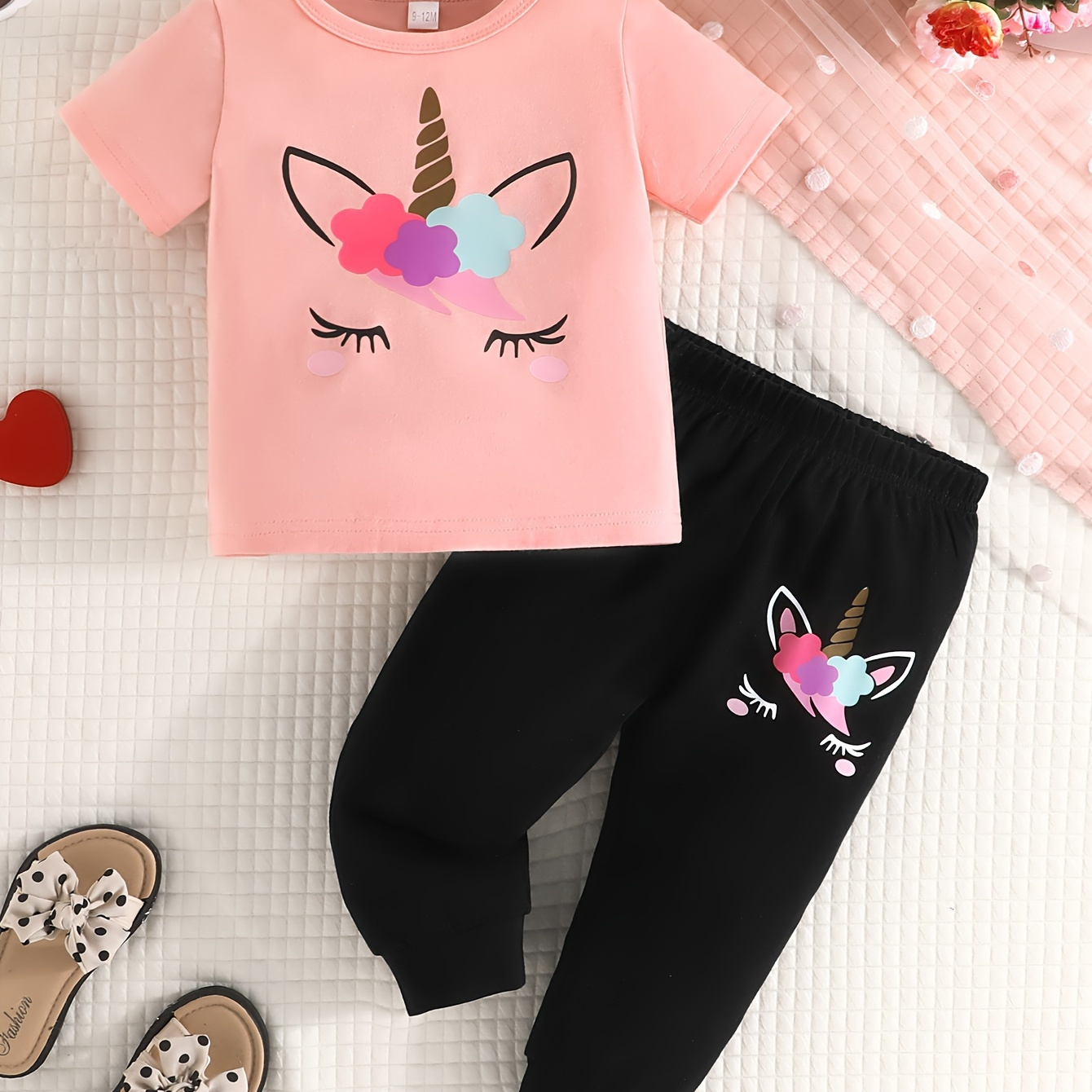 

2pcs Baby Girl's Casual Spring Summer New Explosive Unicorn Pattern Short-sleeved T-shirt Trousers Combination Suit