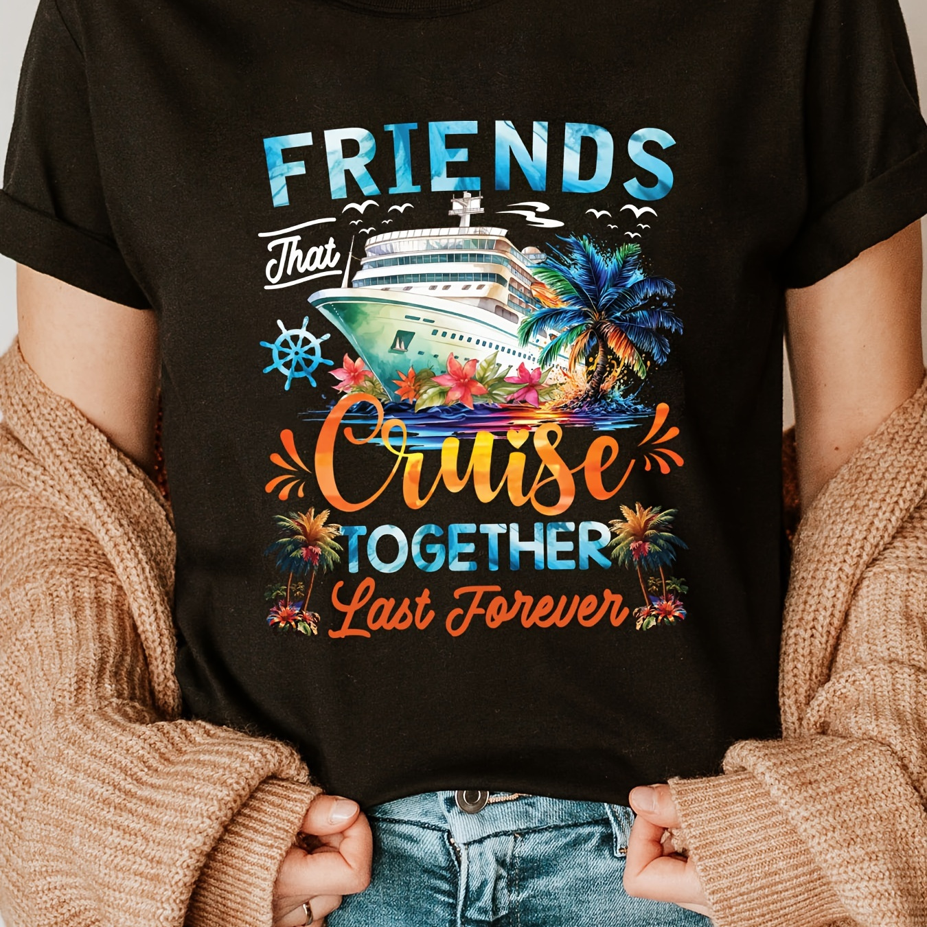 

Friends Cruise Print Crew Neck T-shirt, Short Sleeve Casual Top For Summer & Spring, Women's Clothing