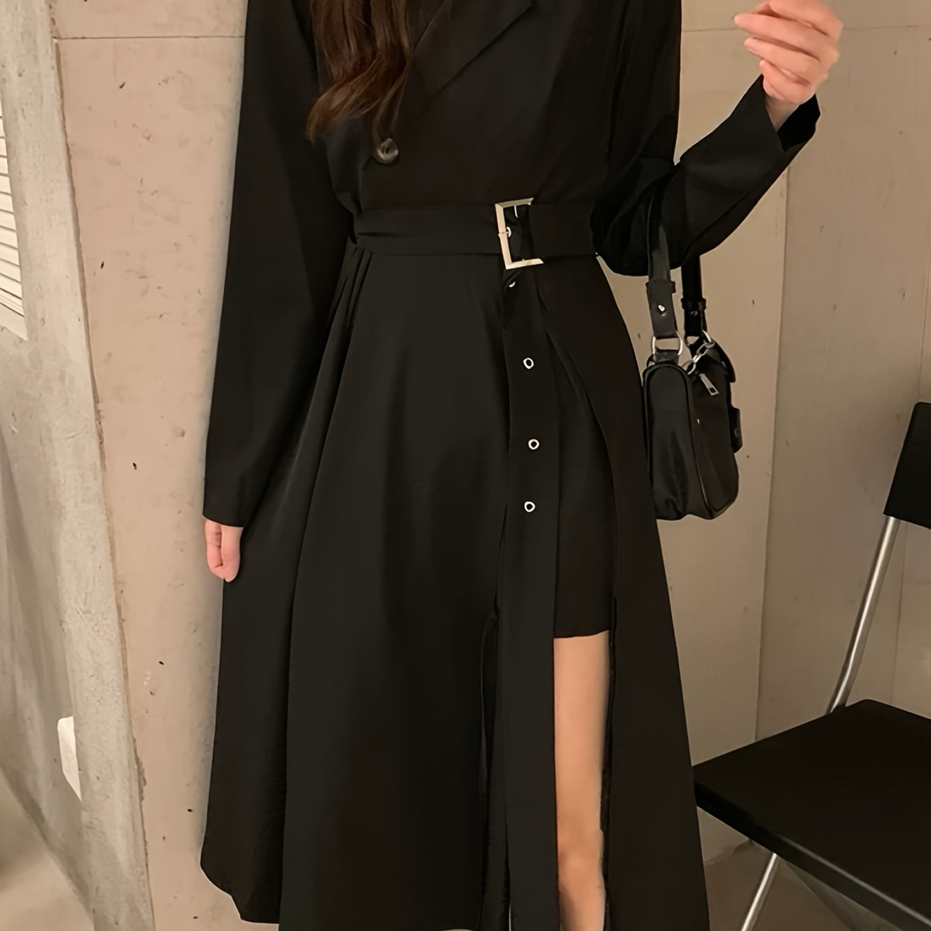 

Elegant Lapel Collar Split-hem Dress - Polyester Knit Fabric With Elastane, Solid Color Long Sleeve Shirting Dress With Metal Belt And Asymmetrical Detail, Stylish Teen Midi Dress For Fall/winter