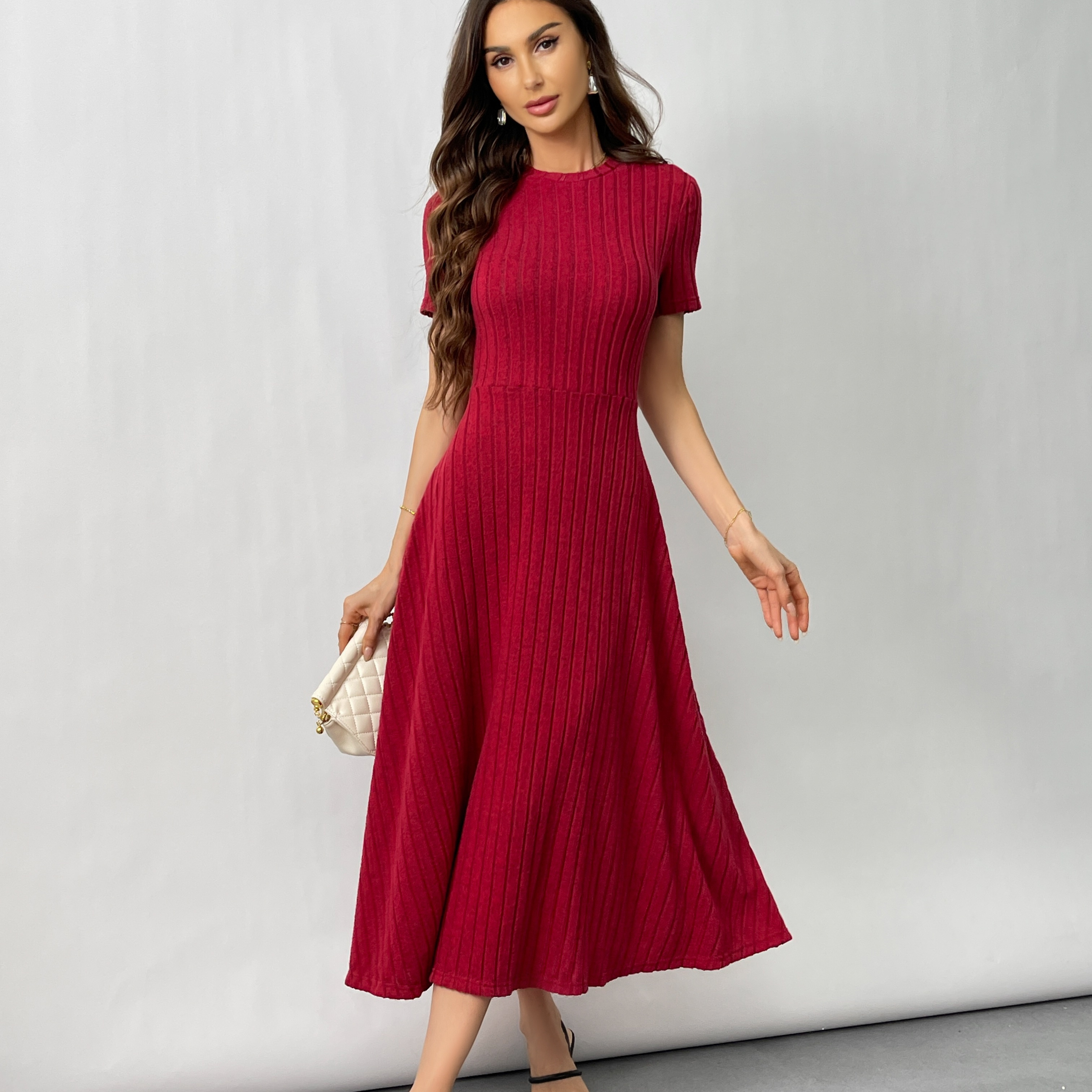 

Slim Solid Color Crew Neck Dress, Elegant Short Sleeve Dress For Spring & Summer, Women's Clothing